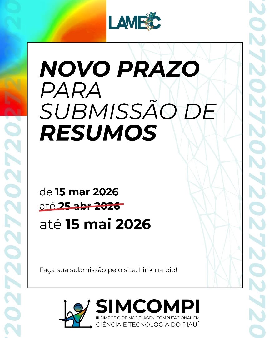 🚨 ATENÇÃO: NOVO PRAZO DE SUBMISSÃO! 🚨
Ainda dá tempo de participar do III SIMCOMPI! 👀
Se você não conseguiu submeter seu resumo, essa é a sua chance: o prazo foi prorrogado até o dia 15 de maio de 2026! 🗓️
O Simpósio de Modelagem Computacional em Ciência e Tecnologia do Piauí é o espaço ideal para divulgar sua pesquisa, trocar experiências e se conectar com pessoas que estão inovando dentro e fora da universidade. 💡
Não deixa essa oportunidade passar - prepare seu resumo e vem fazer parte dessa experiência! 🚀
📅 Novo prazo: 15 de maio de 2026
Acesse o link na bio para submeter!
#simcompi #ufpi #engenharia #pesquisa #modelagemcomputacional