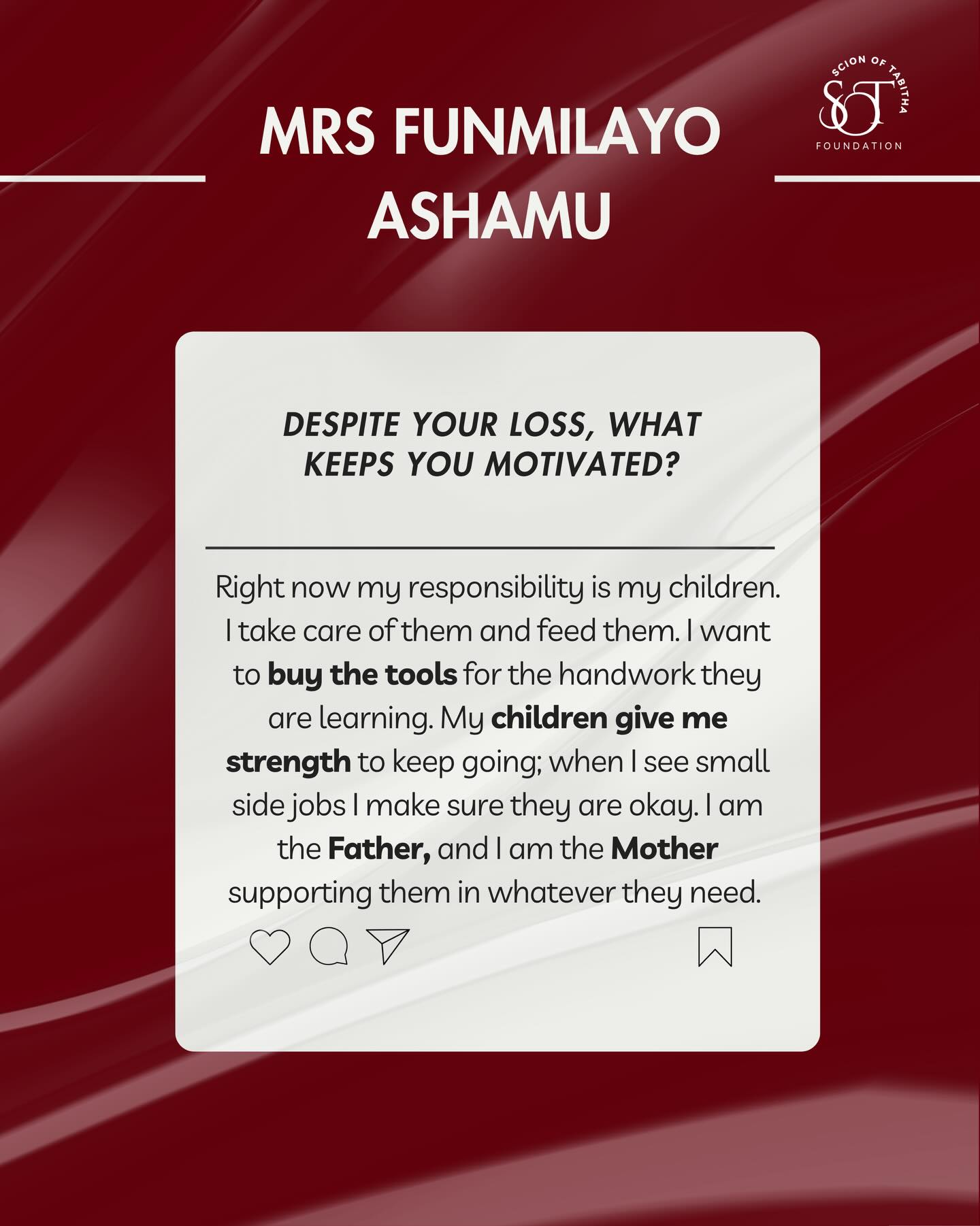 As humans we all have our source of motivation and what keeps us going.
But for many widows like Mrs funmilayo, their source of motivation and what keeps them going are their children and the need to keeping showing up for their loved ones.
If you would like to support women like her and help create sustainable opportunities for widows and their children, please click the link in our bio to donate.
Follow us for more stories and grant opportunities.
#womenempowerment #ngo #widowempowerment #scionoftabitha
