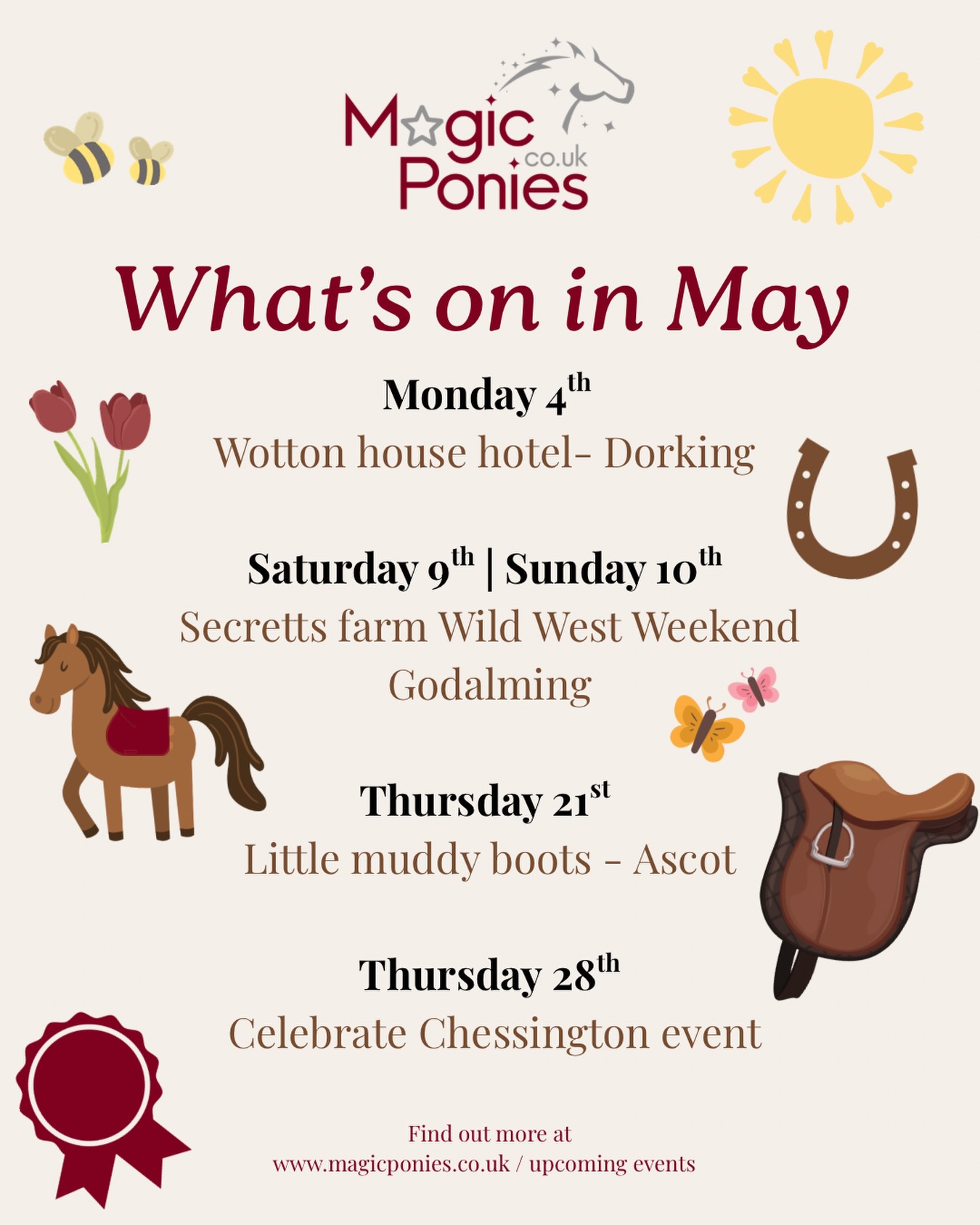 Can you believe it’s nearly May?! 🤯
Whilst we’re super busy with private bookings we do have a few pop ups planned for May to come and see the ponies 🌞🐴
Find out more at www.magicponies.co.uk