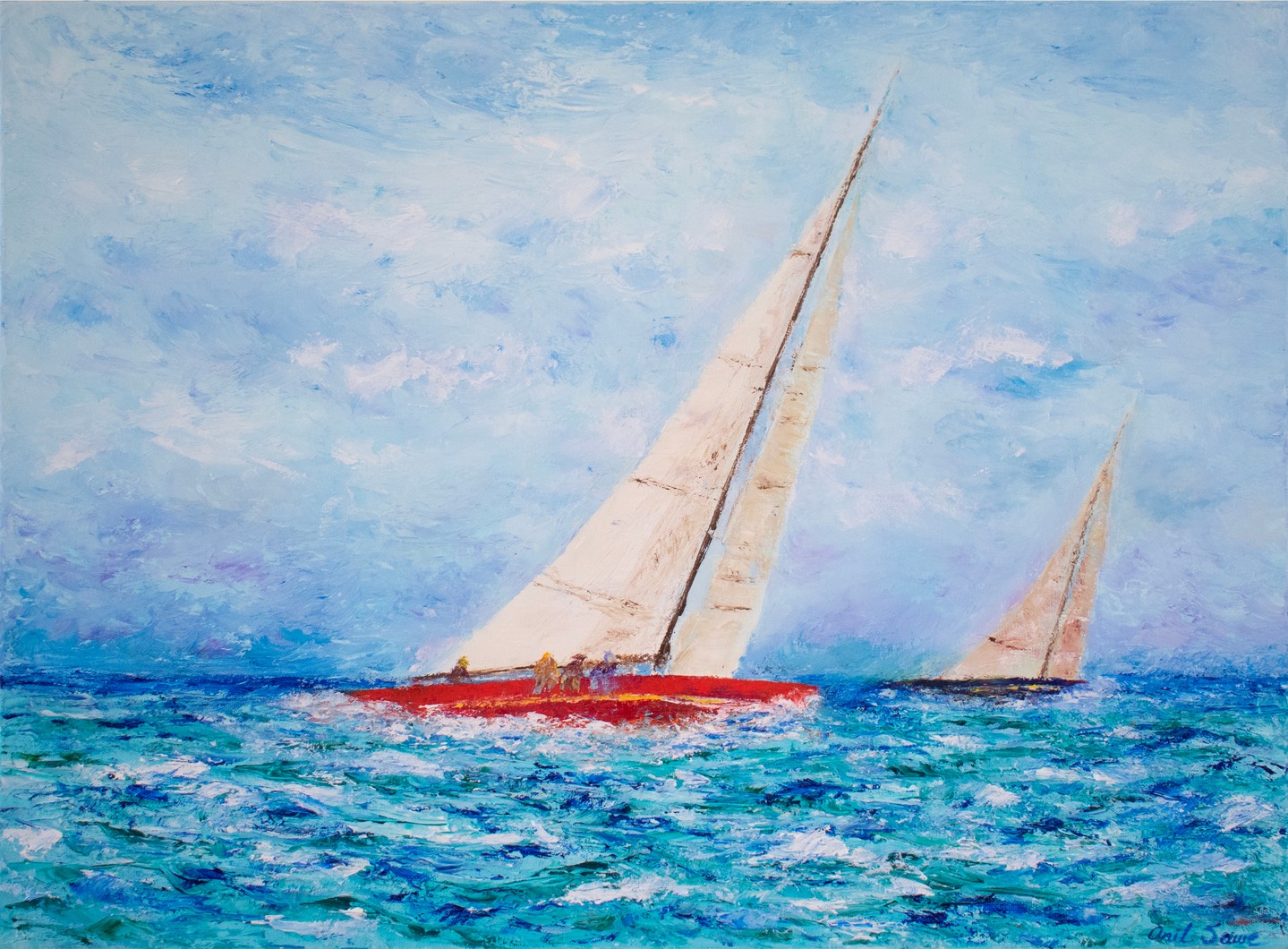 Afternoon Sail | 24"x18" — two sailboats, textured waves, and a sky full of motion. This vibrant piece adds serene energy to any room. Available now for $1,000.00. Link in Bio #AfternoonSail #ArtCollective #HomeDecor #CoastalArt #OriginalPainting #SaweArts
