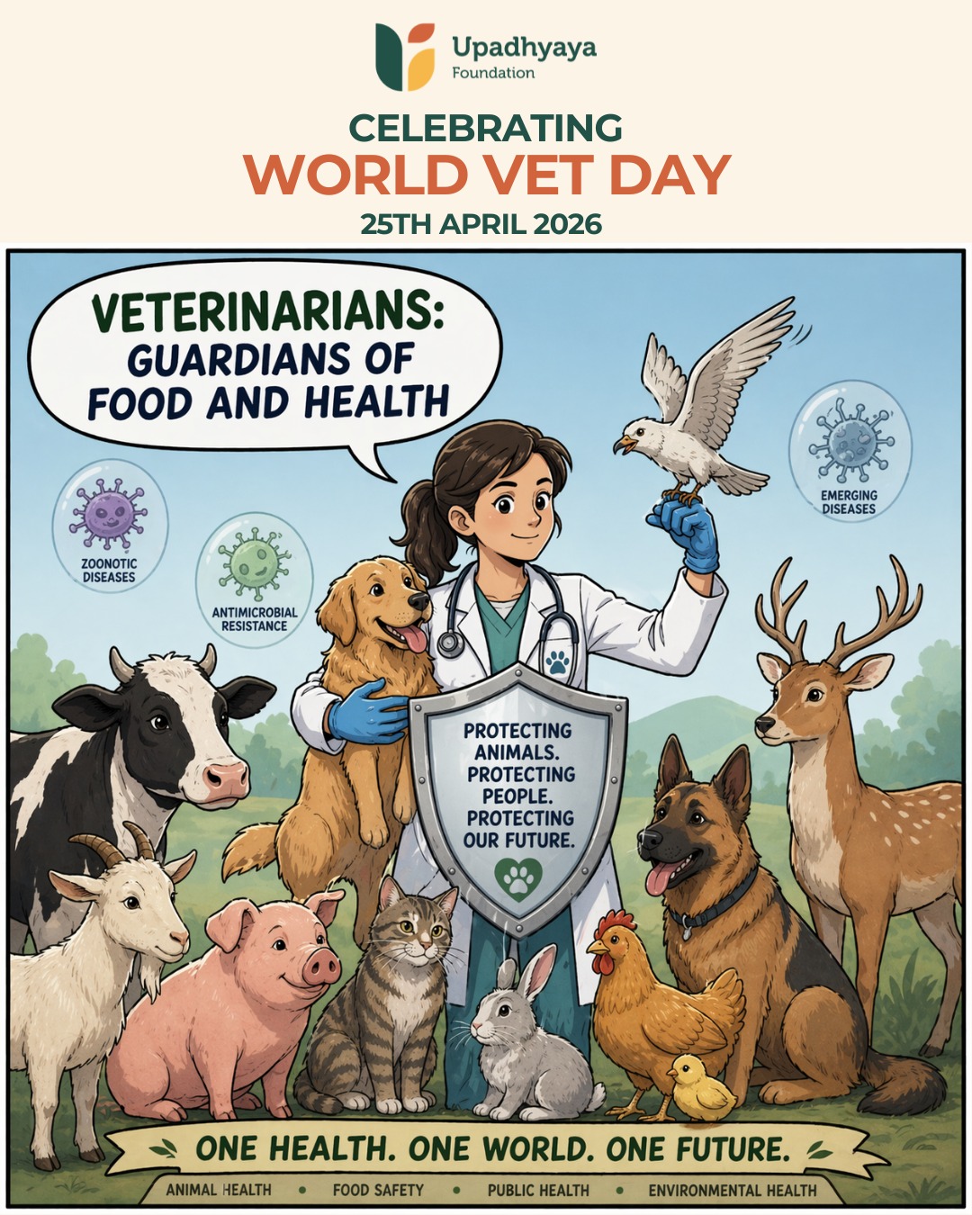 Happy World Vet Day - 25th April, 2026
Veterinarians are not just healers of animals,they are guardians of food and health, as the theme of the calls them, highlighting their crucial role in food security, safety, and public health
As a philanthropic foundation, we are proud to advocate for the advancement of veterinary science and to support a growing ecosystem of NGOs working on the ground. Across our partner organizations, dedicated veterinarians generously contribute their time, skill, and compassion, protecting animals, safeguarding communities, and strengthening public health systems every single day.
Yet, there is an urgent need to rethink how veterinary science is understood and taught. Today, a significant portion of veterinary education remains centered around animal husbandry. While essential, this is only one part of a much larger, more complex field.
Veterinary science goes far beyond livestock management. It sits at the intersection of animal health, rescue & rehabilitation, food safety, zoonotic disease prevention, environmental sustainability, and global health security. Veterinarians play a critical role that remains under-recognized.
To build resilient and future-ready systems, we must invest in expanding veterinary education, broadening its scope, strengthening research, and equipping professionals to meet emerging global challenges.
#UpadhyayaFoundation #AnimalWelfare #Veterinary #OneHealth #Conservation