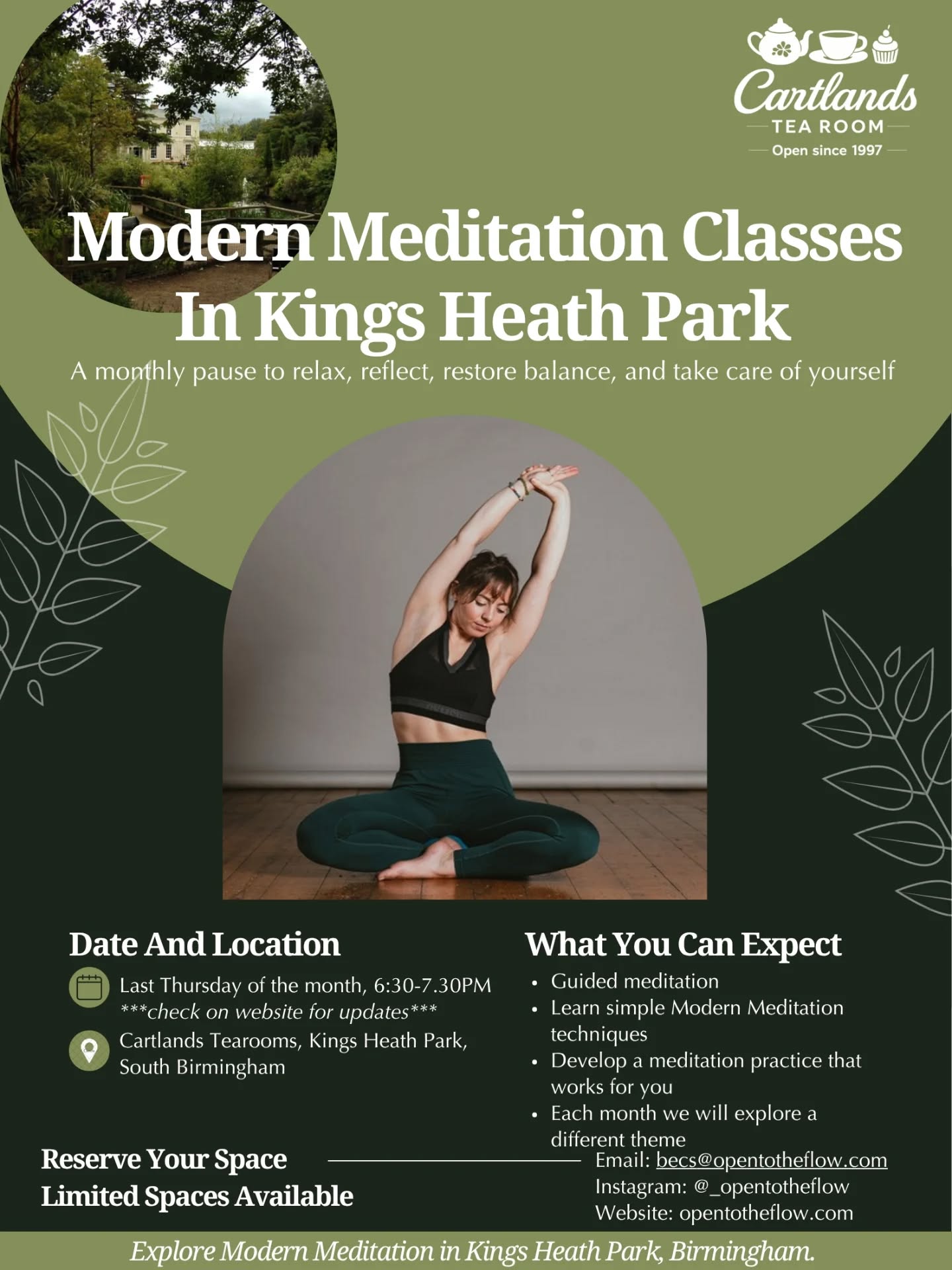 Yoga Retreat Evenings have now changed to monthly Modern Meditation Classes.
I have loved starting my classes here at @cartlandest1997 in Kings Heath Park, but it felt like we needed to adapt the offering to make it more accessible.
Meditation is the thing I am most passionate about teaching. It changed my life in 2019 and it continues to serve me.
Message to book or for more details. £10 per class.
#kingsheath #yogakingsheath #kingsheathyoga
#kingsheathmeditation
#meditationkingsheath xxx