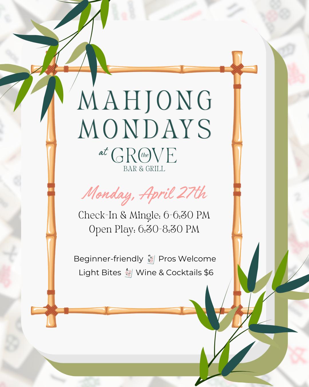 🀄️ Mahjong Monday alert! 🀄️
Join the fun at The Grove: mingle 6-6:30pm, play 6:30-8:30pm. Newbies welcome, pros encouraged—bring your card! #potomacmd #cabinjohnvillage #mahjong