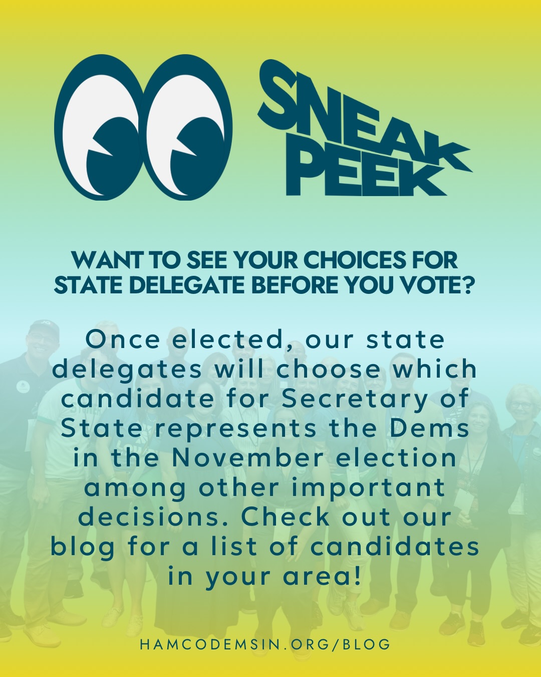 Interested in who the candidates for State Delegate on your ballot are? Check the blog post entitled “Big Ballot Energy” for a link to the candidates in your area as well as the number of candidates you can choose from that list.