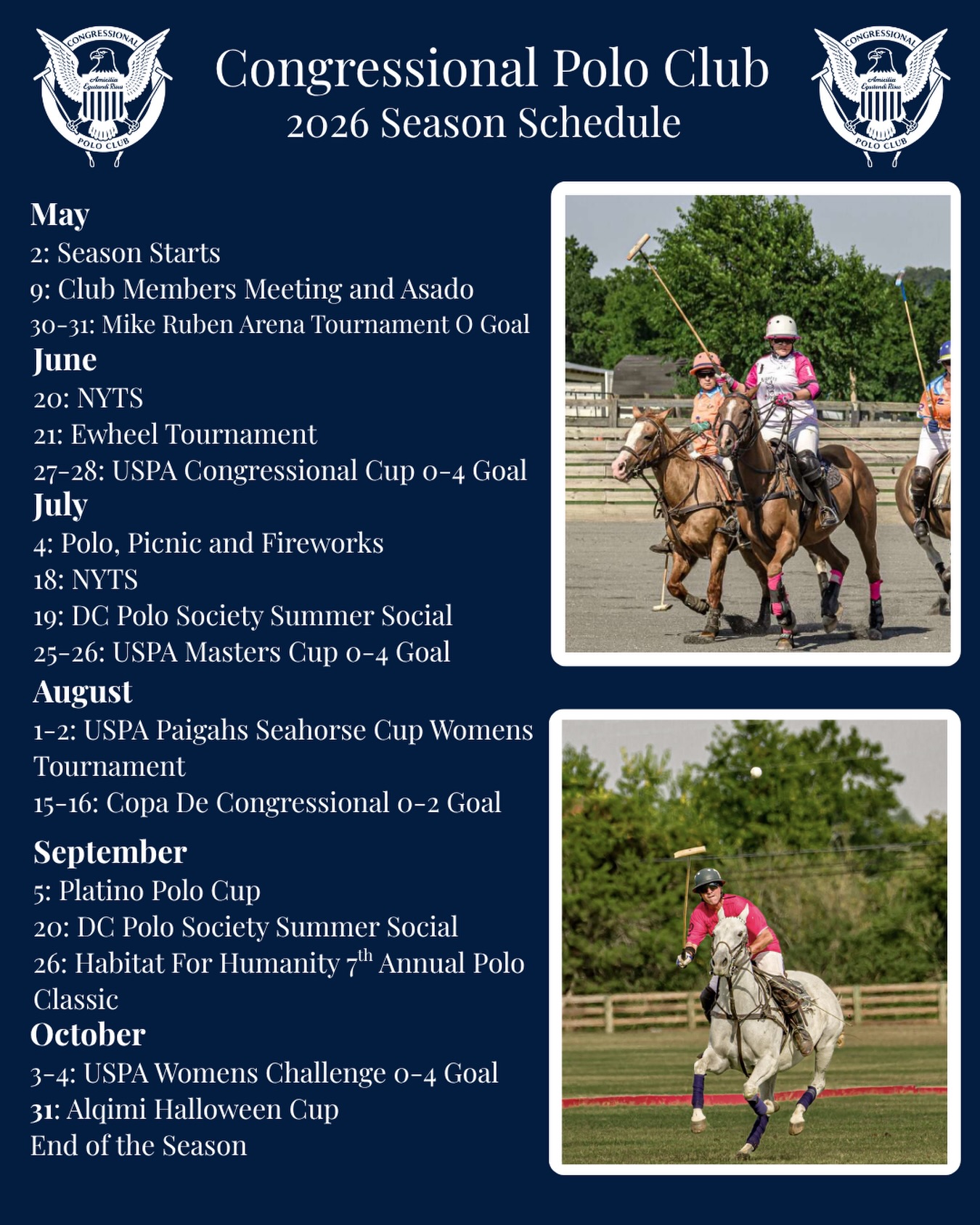 The wait is almost over 🐎☀️
We’re excited to share the revised summer and fall tournament schedule for Congressional Polo Club—packed with action, competition, and unforgettable weekends.
With the season right around the corner, it’s time to get ready for fast chukkers, great crowds, and everything that makes polo special. Mark your calendars and stay tuned… we’ll see you on the field soon.
#CongressionalPoloClub #PoloSeason2026 #SummerPolo #FallPolo #GameOn