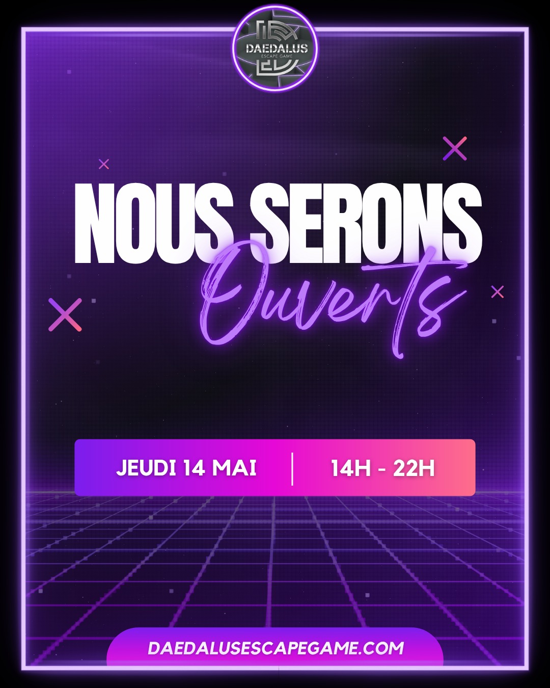 Daedalus reste ouvert ce 𝗷𝗲𝘂𝗱𝗶 𝟭𝟰 𝗺𝗮𝗶 de 𝟭𝟰𝗵 𝗮̀ 𝟮𝟮𝗵 !
Réservez votre partie dès maintenant ! 🧙♂️🚪💀
__________________
🌐 https://bit.ly/daedalusescapegame
📱 0633447032
☎️ 0984483171
#escape #escapegame #escaperoom #parcours #loisirs #jeu #jeux #blois #loiretcher #famille #amis #ami #barajeux #loire #jeudesociete #valdeloire #chateaudelaloire #loireavelo #bloismaville #valducher #sologne #vendome #sortiren41 #bloischambord #bloiscity #maisondelamagie #visiteblois #bloistourisme