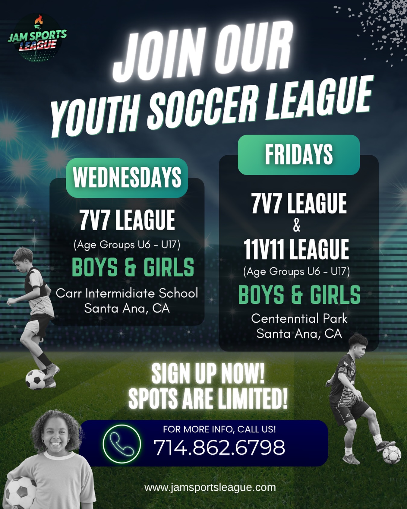 ⚽🔥 Youth Soccer Starts Here
🏆 Wednesdays 7v7 @ Carr Intermediate
🏆 Fridays 7v7 & 11v11 @ Centennial Park
🏆 Age groups U6 – U17
Build skills, confidence, and teamwork on and off the field. 💪
🚨 Spots are limited! Register now!
📲 Call • DM • Online Signup
#youthsoccer #localsoccer #kidssoccer #santana