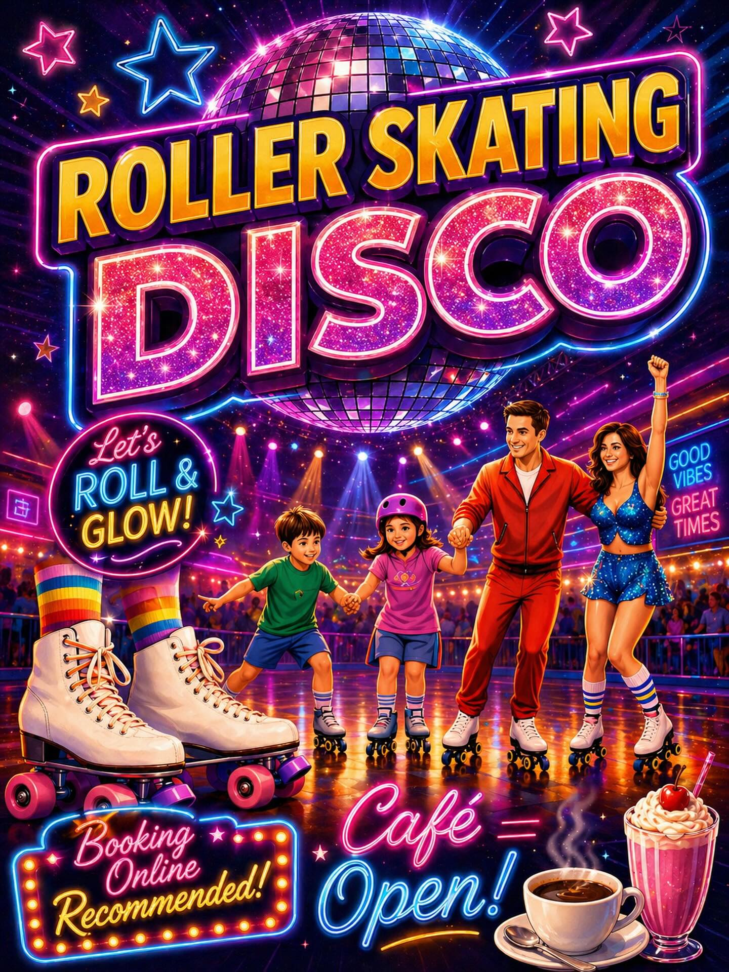 🤔🤔what to do this Sunday afternoon???🤔🤔
🛼✨ ROLLER SKATING DISCO ✨🛼
Get ready to roll, glow, and groove under the lights! 🌈🪩
Join us for a fun-filled Roller Skating Disco — perfect for families, friends, and anyone who loves great vibes and good times! 💃🕺
🎶 Music pumping
🌟 Disco lights shining
🛼 Skates on & ready to roll
☕ Café open for tasty treats & drinks
Bring your energy, your best moves, and let’s light up the rink together! 🔥
👉 Booking online recommended!
#RollerDisco #LetsRoll #FamilyFun #GoodVibes #SkateNight