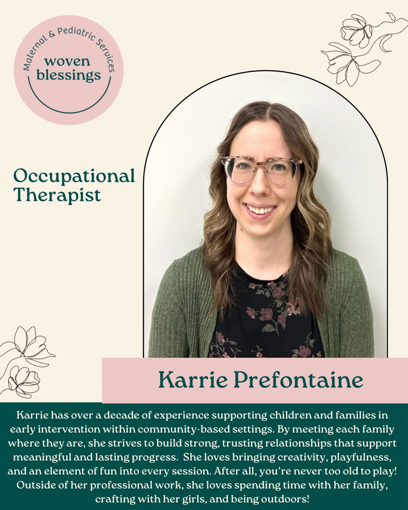 🌺 Meet Occupational Therapist Karrie!🌺. She has a wealth of experience and is super fun! We are so happy to have her join our team and she’s excited to see kiddos at the clinic or at home.
🗓️ Karrie is currently available for sessions on Fridays. Feel free to reach out to us to book a visit or complete the child inquiry form online at www.wovenblessings.com
#wovenblessings #pediatricoccupationaltherapist #stalbertot #stalbertmoms