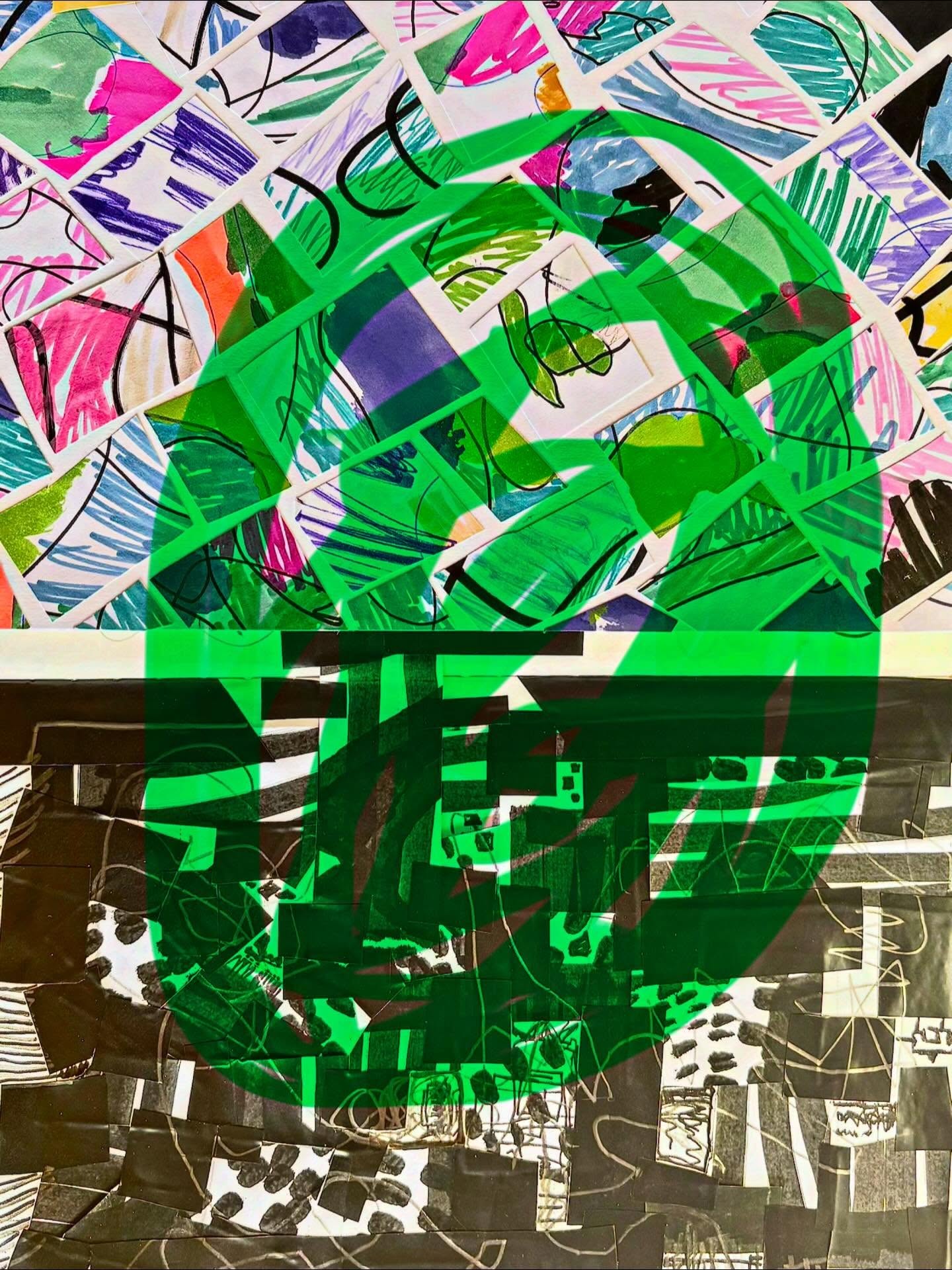 Collage cut & paste collab with Eddy Wishart. We both did various bits, cut them up and combined them together to get something different. No plan. Just joy in the process.
Sharpies and paper, poscas, pencil and insulating tape, made with scissors and pritt-stick and finishing touch of a green blob on iPhone.
#collage #contemporarycollagemagazine #artwithkids