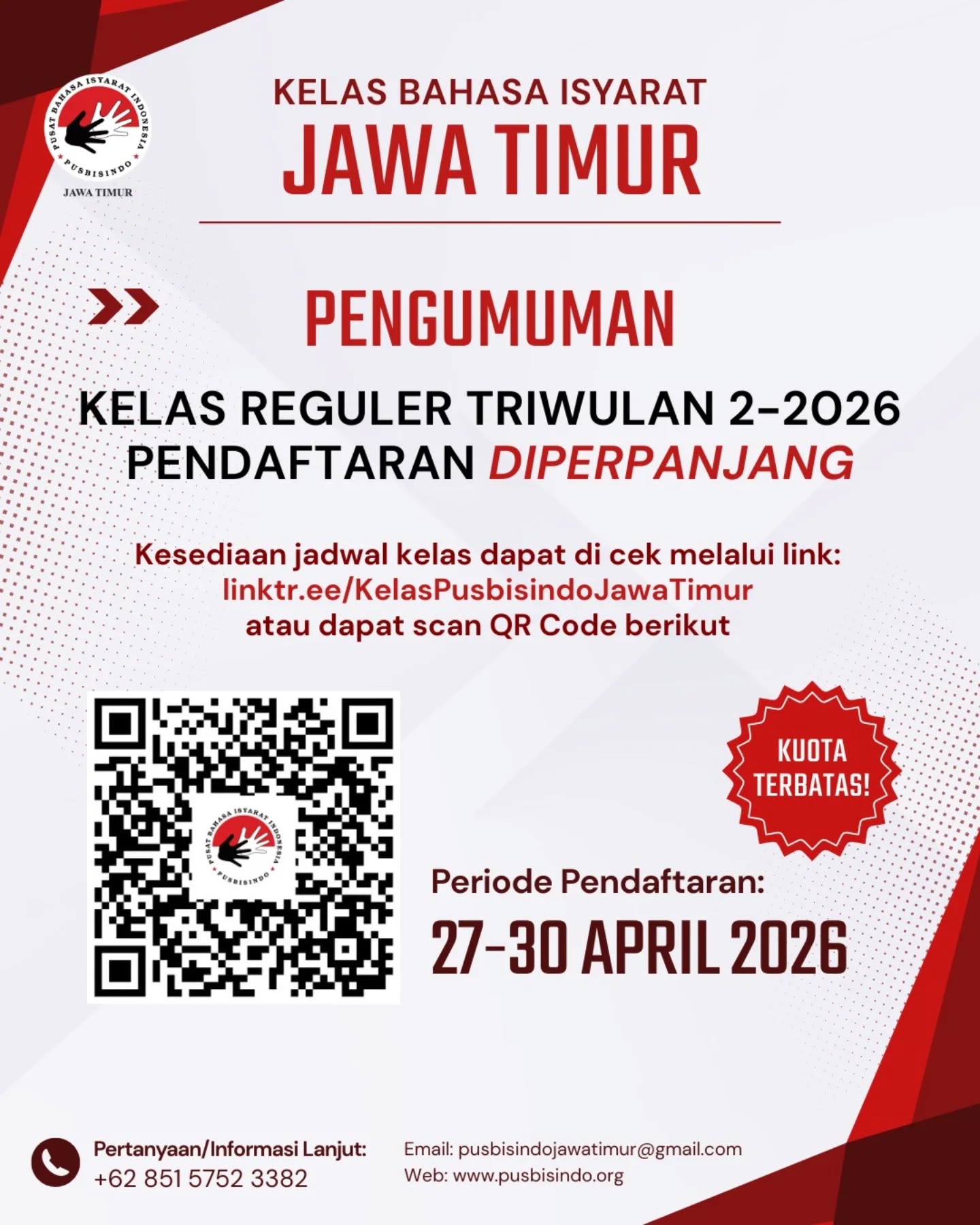 ๐ข Pendaftaran diperpanjang!
Kabar baik untuk kamu yang belum sempat daftar ๐
Pendaftaran Kelas BISINDO Triwulan 2-2026 resmi diperpanjang sampai tanggal 30 April โจ
Kesediaan jadwal kelas dapat dicek melalui link yang ada di bio atau scan QR codenya. Jangan lewatkan kesempatan untuk belajar bahasa isyarat.
โณ Kuota terbatas! Yuk segera amankan slot kamu sekarang! ๐ค
#kelasbahasaisyaratindonesia #bisindo #pusbisindo #kelasbahasaisyarat