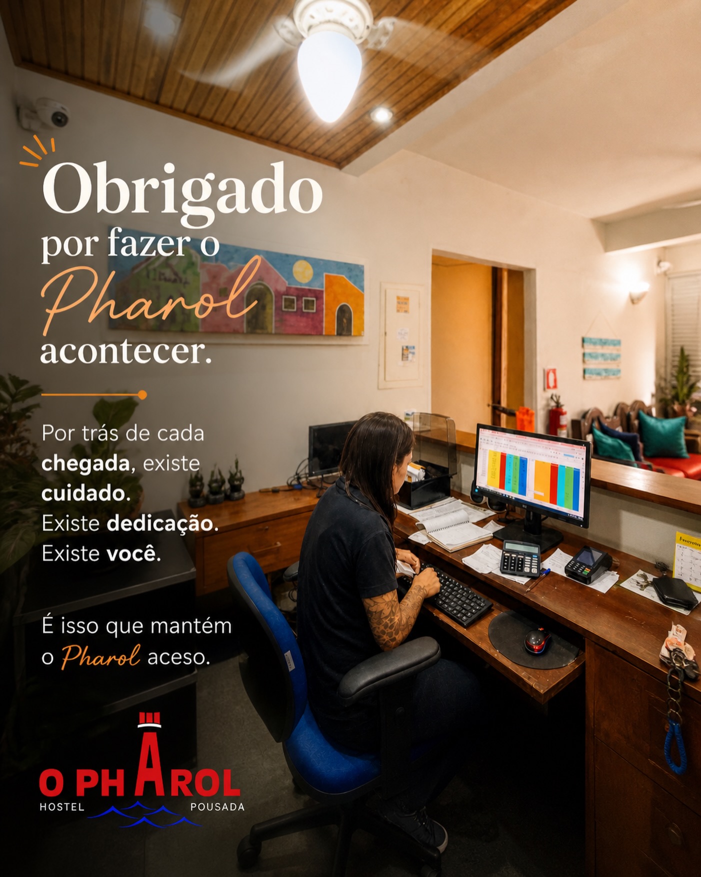 Por trás de cada hóspede que chega, tem uma equipe inteira se dedicando pra que tudo funcione bem, do jeito que precisa ser.
Esse post é um agradecimento a quem faz o Pharol acontecer todos os dias, muitas vezes sem aparecer.
É esse trabalho em equipe que mantém o Pharol aceso.
Obrigado por fazer parte disso.