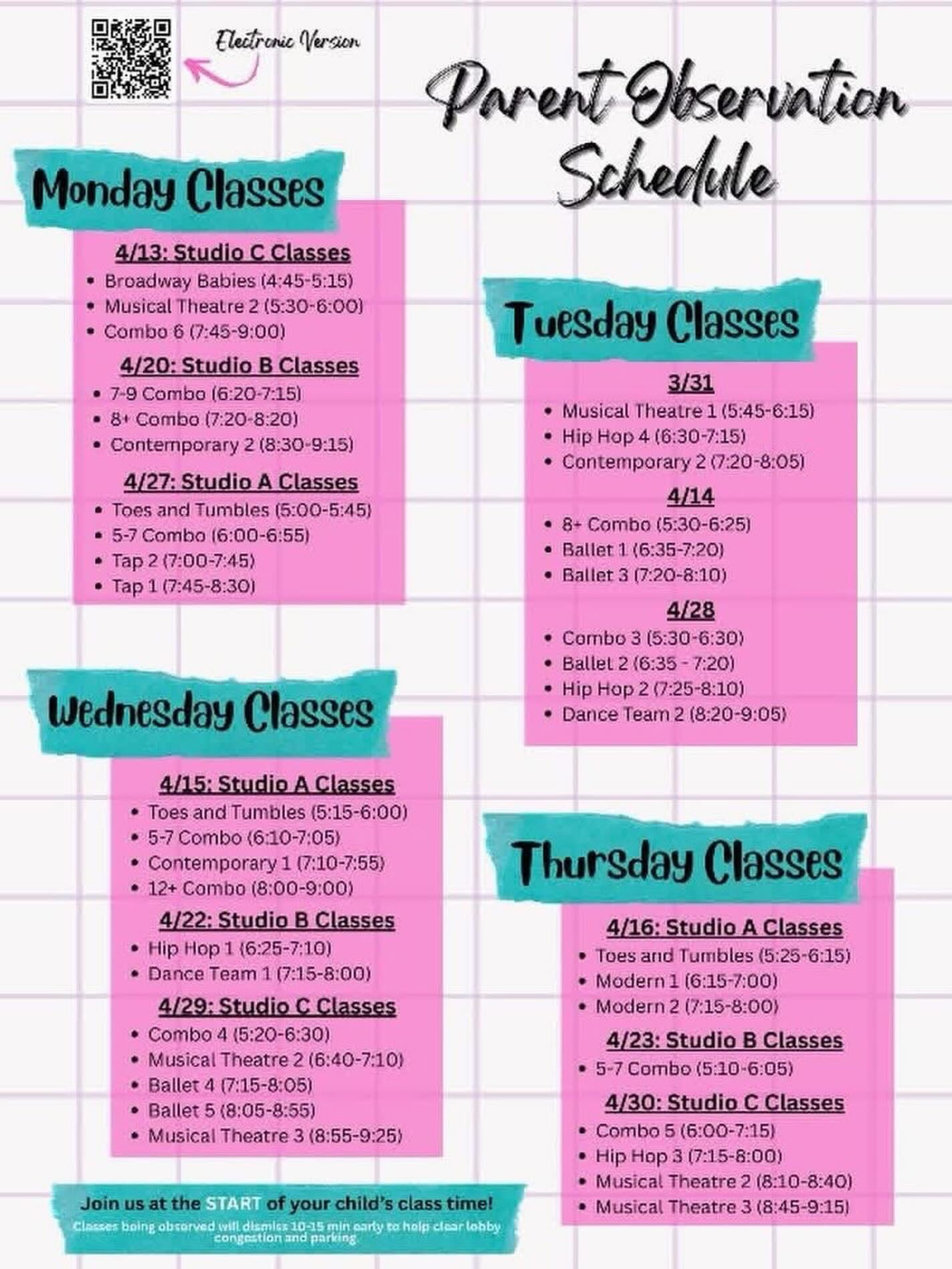 We’re so excited to invite you into the studio for Parent Observation—come watch your dancer in action!
Tonight’s classes open for observation (Thursday, 4/30):
• Miss Nicole’s Combo 5
• Miss Nicole’s Hip Hop 3
• Miss Carolynn’s Musical Theatre 2
• Miss Carolynn’s Musical Theatre 3
Please arrive at the start of your child’s class, as observation begins right away. To help with lobby space and parking, classes will dismiss 10–15 minutes early.
Check out the graphic and link below for full observation details! www.illuminationdance.com/single-post/parent-observation-dates-info