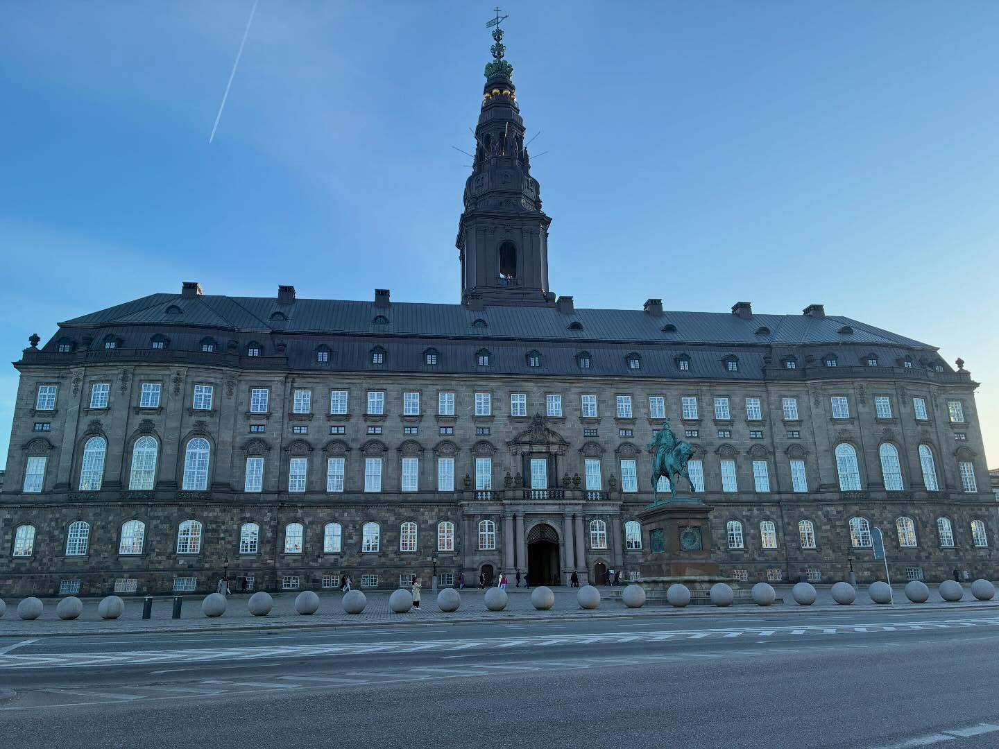 The Christiansborg Palace, which is now the Parliament building is the tallest point in Copenhagen, the tower is 103 meters (337’) up there. It’s free and open to the public until 9pm. Amazing views, and some surprises.