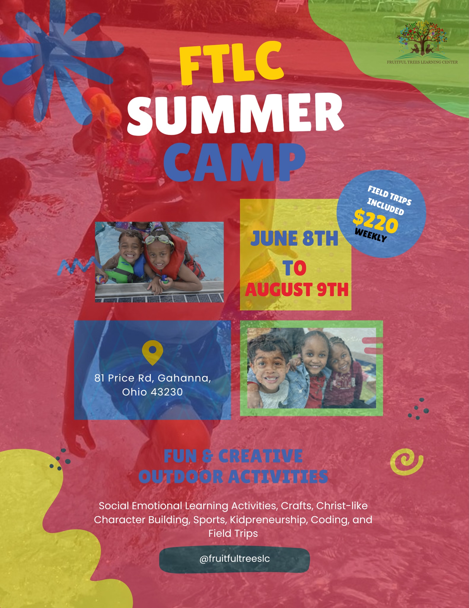 Summer fun starts here ☀️
FTLC Summer Camp is the perfect mix of learning, creativity, and outdoor fun for your child 🙌🏽
📅 June 8th – August 9th
📍 Gahanna, Ohio
💲 $220 weekly (field trips included!)
Spots are limited — secure yours today 🌟
#SummerCamp #GahannaOhio #KidsActivities #SummerFu