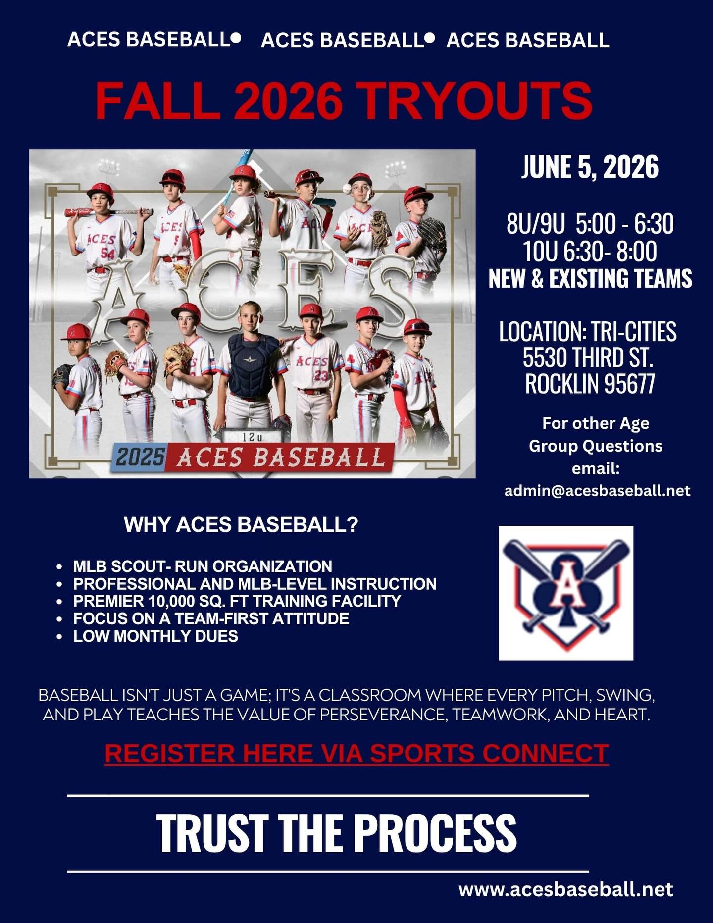 🚨ACES BASEBALL TRYOUTS🚨
Not just reps. Development.
MLB scout-led. Professional coaching. 10,000 sq. ft. training facility in Loomis.
From 8U through high school, Aces Baseball is built to develop players the right way—with a clear path to the next level. Multi-sport athletes are highly encouraged!
If you’re serious about getting better, the proper foundation at a young age is key.
Tryouts for 8U, 9U, and 10U: June 5th @ Tri City Little League
REGISTER >>> Link in Bio
Interested in one of our older, established teams? Reach out for individual tryouts — limited spots available.