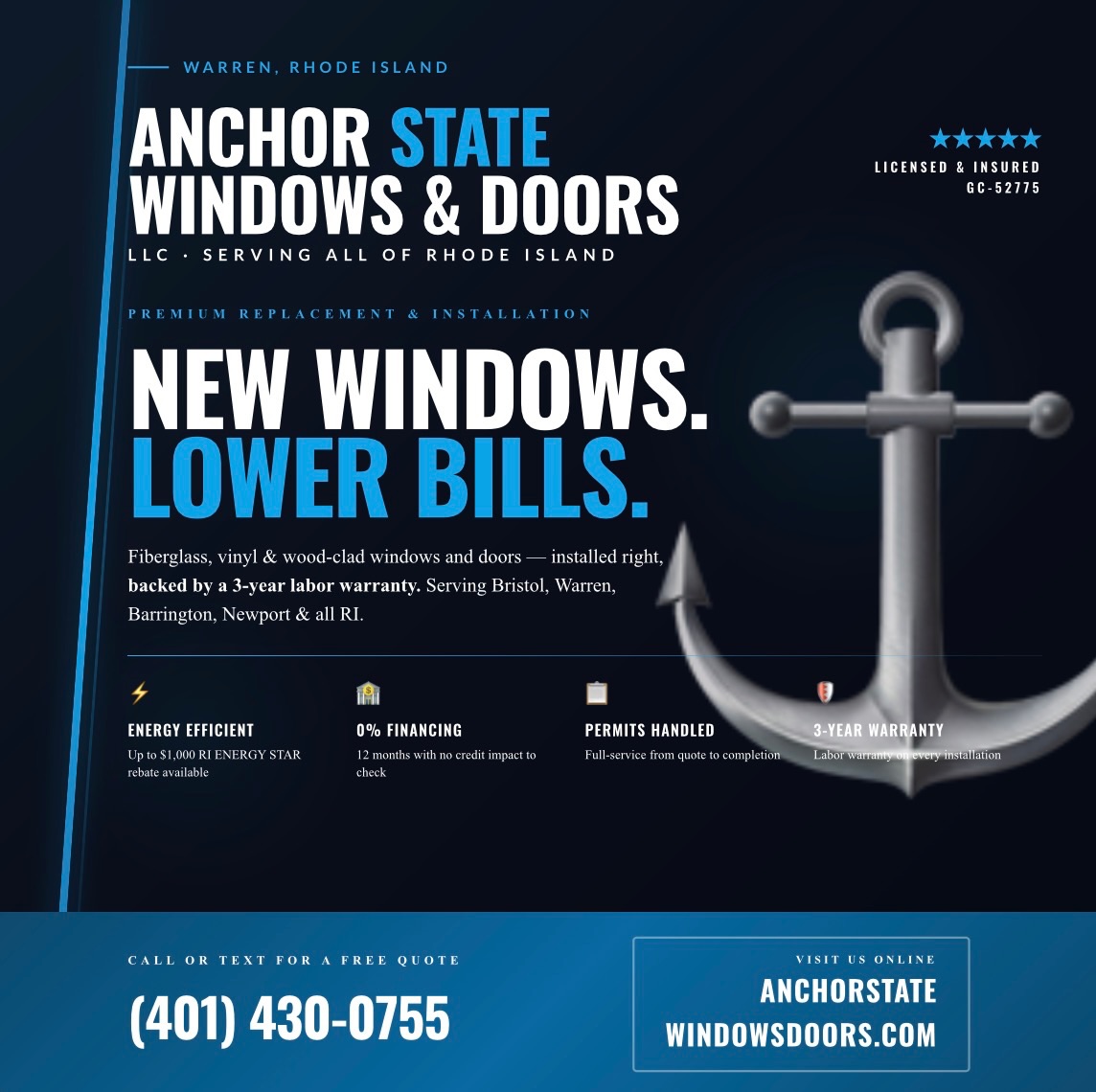 Now booking installs this week in RI—message me for a quick quote.
Old windows aren’t just outdated—they’re costing you money every month.
At Anchor State Windows & Doors, we install high-quality windows and doors the right way—no shortcuts, no guesswork. Just clean, professional work that improves your home and lowers your energy bills.
✔️ Energy-efficient options
✔️ Permits handled
✔️ 3-year labor warranty
✔️ Financing available
Serving homeowners across Rhode Island. If your windows are drafty, damaged, or just ready for an upgrade, now’s the time.
Message me or call/text (401) 430-0755 for a free quote.
#RhodeIslandHomes #WindowReplacement #HomeImprovementRI #EnergyEfficientLiving #LocalContractor