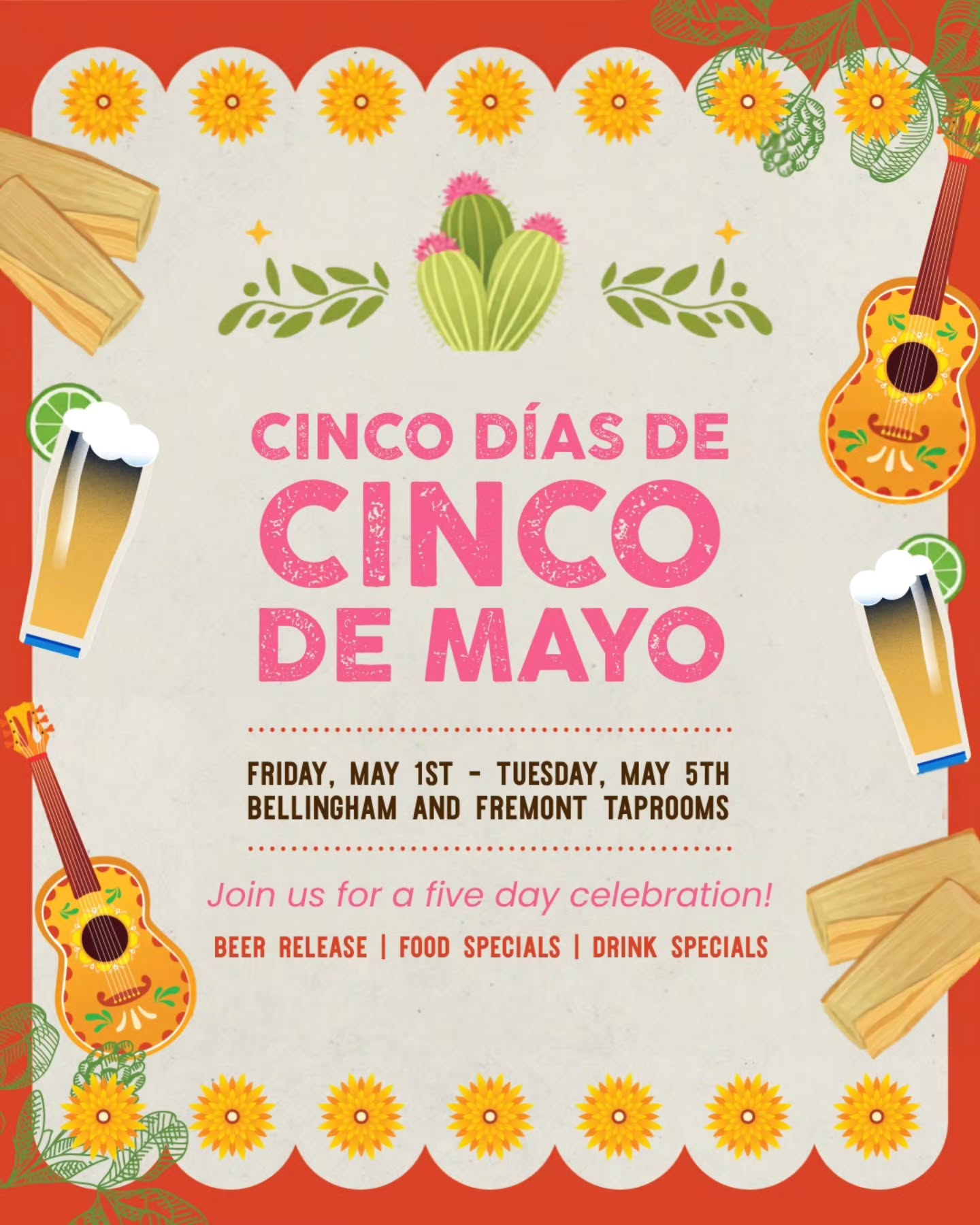 SURPRISE! We're throwing a five day party for Cinco de Mayo this year 🥳 Join us for Cinco Días de Cinco de Mayo! Yes, starting right now.
Swipe through for a sneak peek at some of our incredible specials or keep reading for a full rundown of each location's offerings. It's going to be a beautiful weekend and we are so excited to spend it celebrating community with all of you.
Both locations:�
🍻 Mexican Lager Happy Hour
- Enjoy HH pricing on Alebrijes and Conejo Azteca
5️⃣ Cinco for Cinco
- Take $5 off each build-your-own cases of to-go beer
🪣 Fuck It Bucket
- Enjoy six cans of Mexican Lager in a bucket of ice with a friend! Alebrijes, Conejo, or half + half.
🥥 Sueño Loco Piña Slush
- Sueño Loco, but make it a double and into a slush! Could it get any better? Yes. We’re serving it in a pineapple.
Bellingham:
🍍 Fermentada Tepache Mexican Lager
- Our new collab with @aslanbrewing is available now! (Coming to Seattle soon, we promise.)
🍯 Hot Honey Berry Margarita
- You loved it so much last weekend, we decided to make it again
🍒 Cherry Limeade Ranch Water
- A classic flavor combo made into a sparkling patio-ready cocktail
Seattle:
🍊 POG Margarita
- Everyone's favorite 90s juice combo! Passionfruit, orange, guava
🍓 Strawberry Sriracha Margarita
- A little sweet, a little heat
LET'S PARTY, Y'ALL 💃🏻🍻🍍🥳