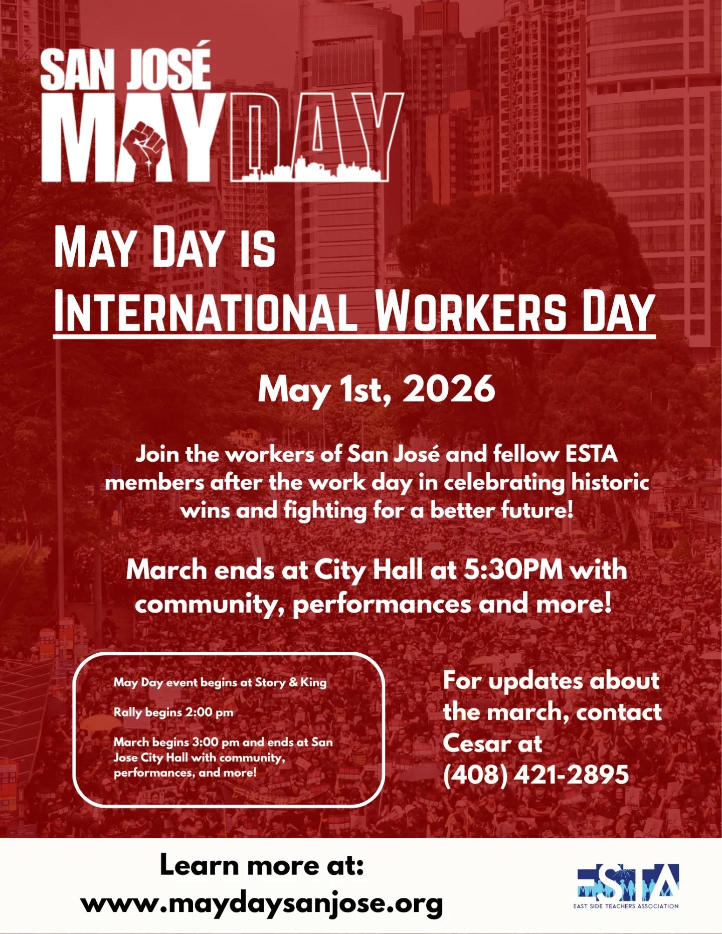 Join your fellow ESTA members and other workers in San Jose after your work day to honor International Workers Day!
In solidarity ✊✊✊
See flyer for details
---
#weareesta #mayday #wearecta