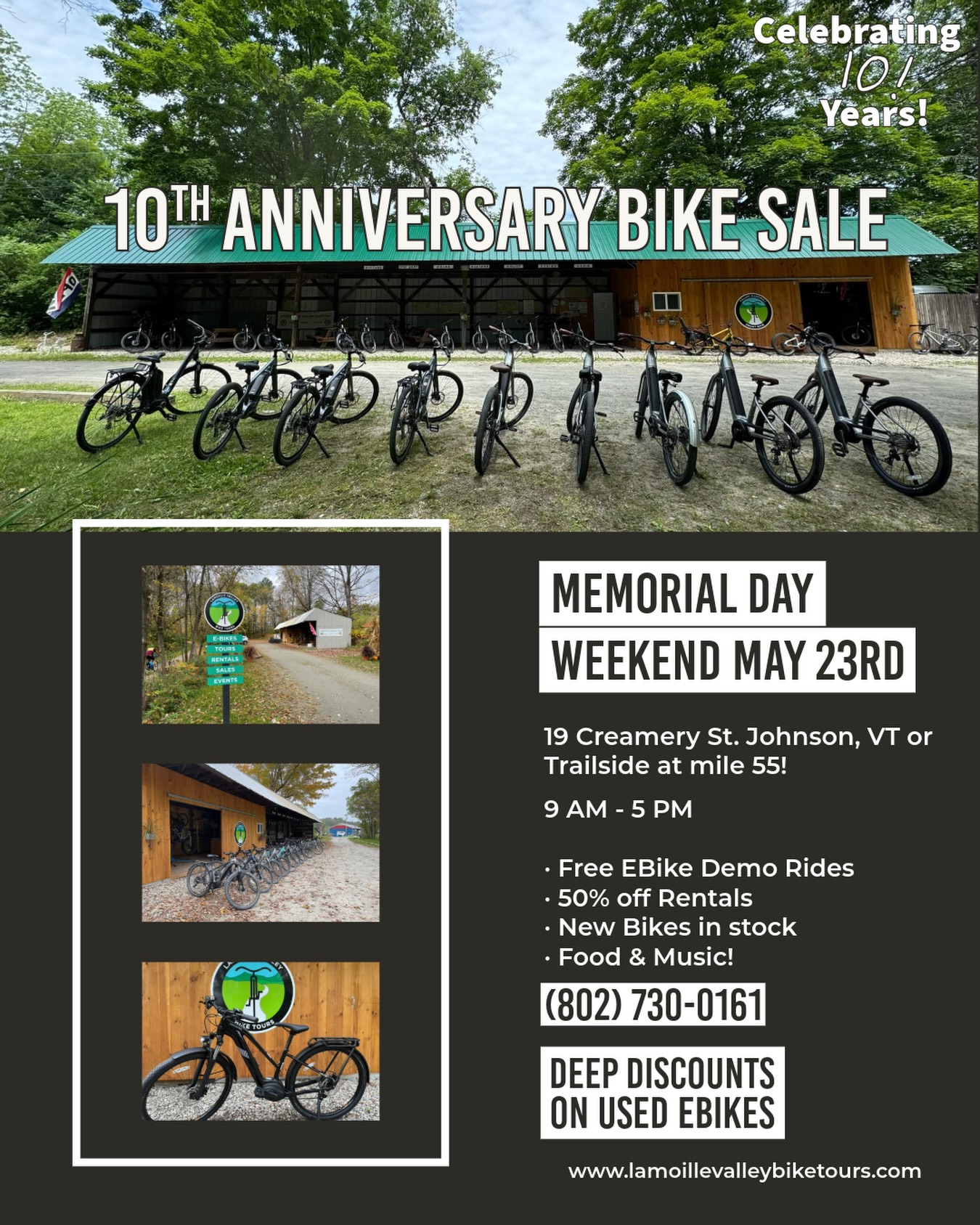 Celebrating 10 years! Join us for our ANNUAL BIKE SALE while we celebrate our 10th anniversary operating on the Lamoille Valley Rail Trail!
#bikevermont #vermont #usedbikesforsale #lamoillevalleyrailtrail #vermontsmallbusiness