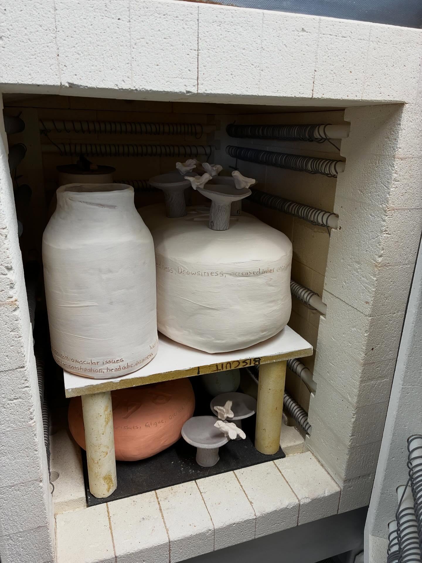 Everything survived😊 just one more firing to go and then they will be done. The little blue and the unicorn also got fired in the club kiln. #exhibitionprep #thankthekilngods #bisquefired