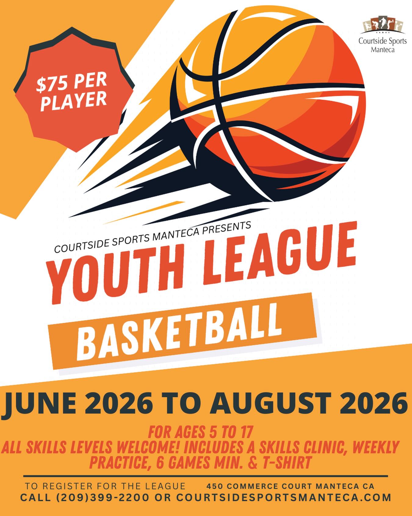 Looking a great activity this summer for your 5 to 17 year this summer? Come join Courtside Sports Manteca’s Youth Basketball League! Link in the bio.