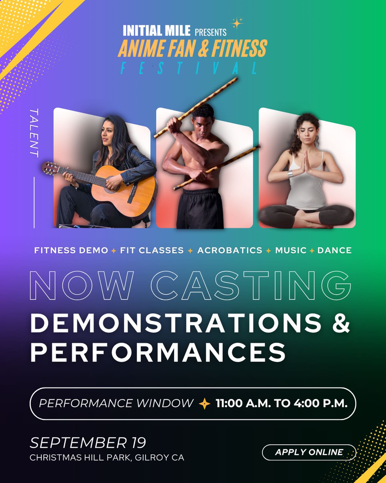 Do you have a talent you want to showcase? We’re officially casting performers and live demonstrations for our 2nd Annual Anime Fan & Fitness Festival!
We’re looking for energetic performances and engaging demos such as:
✨ Fitness Demos & Martial arts
✨ Musicians & Singers
✨ Skits & Comedy
✨ Dance & Choreo
✨ Anime-inspired performances
✨ Unique talents from the community
This is your chance to share your passion, and be part of an unforgettable community event. Whether you represent a club, studio, gym, school, or are a solo performer, we’d love to see your talent.
Interested in performing or hosting a demo?
Send us a message, apply by clicking on the link in bio or email to learn more. #animefanandfitnessfestival #initialmile #animefestival #fitnessfestival #castingcall
