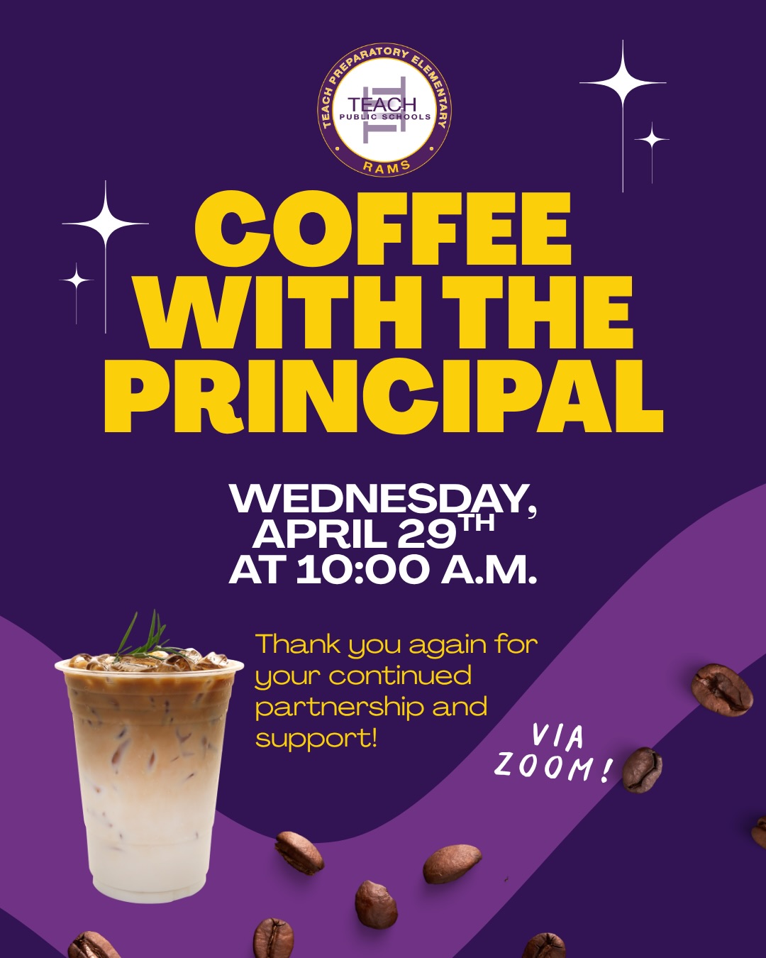 Good morning TEACH Prep families! ☀️
Join us TODAY at 10 AM for our Coffee with the Principal via Zoom ☕💻 Ms. Rhee will be sharing important school updates and information you won’t want to miss.
Join here: https://teachpublicschools-org.zoom.us/j/3309411920?omn=85109636168
We hope to see you there!
#TEACHPrep #CoffeeWithThePrincipal #SchoolUpdates #ParentConnection #StayInformed