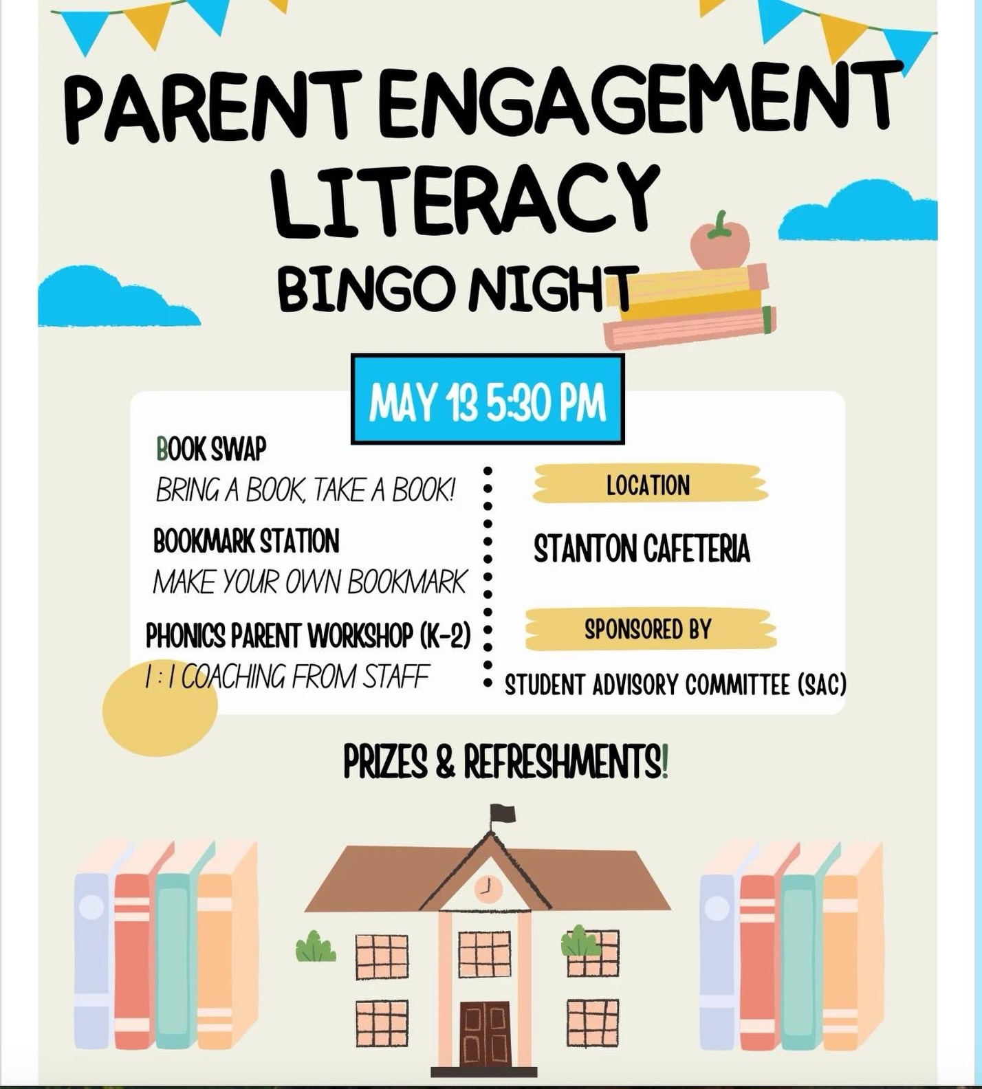 Save the Date for the first-ever Family Literacy Night at Stanton! It’s sponsored by the Student Advisory Committee and includes a book swap, bookmark making and parent coaching for phonics.
✏️ Wednesday, May 13th 5:30-7:30
✏️ Please register at the link in Dojo or in our Stories.
https://docs.google.com/forms/d/e/1FAIpQLSdffEDrC8PBp9JotqFn1HxRQ_trrCiaWWKMVe2PAGJP3F95cQ/viewform