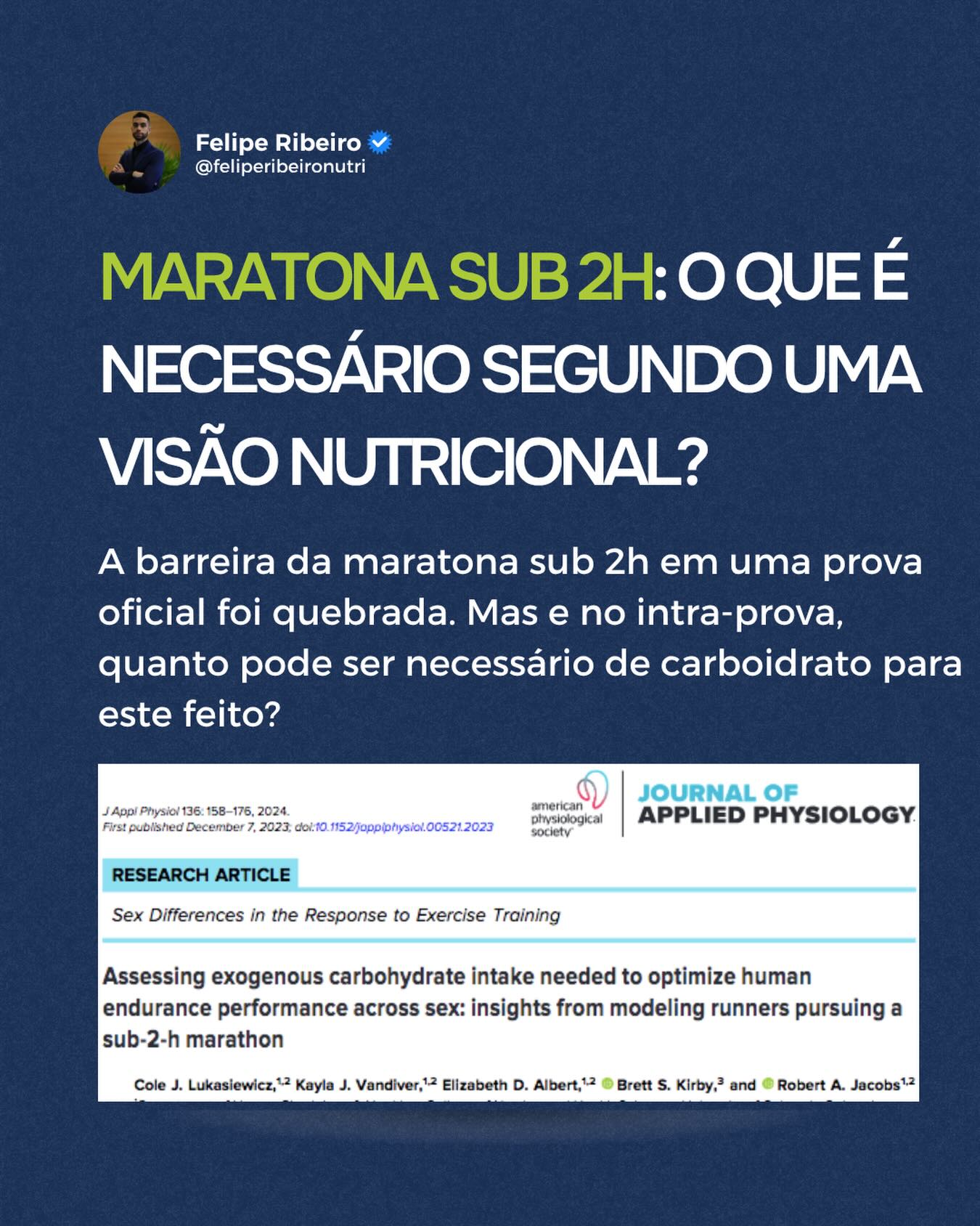 Ontem a barreira da maratona sub 2h em uma prova oficial foi quebrada por 2 atletas. Pensando com uma visão nutricional, o que pode ser necessário para este feito no intra-prova?
Considerando um atleta da elite mundial, hoje em dia é questionado se a recomendação clássica de ingestão de carboidrato durante o exercício (30–90 g/h) atende aos mesmos. Para analisar esta questão, um estudo modelou atletas capazes de correr uma maratona sub-2h, e os pesquisadores constataram o seguinte:
👉 Se não houvesse ingestão de carboidrato intra-prova:
- Homens esgotariam o glicogênio em cerca de 84 min
- Mulheres em cerca de 71 min
Ou seja, muito antes do fim da prova. Assim, não precisamos nem discutir: o carboidrato intra-prova é essencial, mas quanto?
👉 Possível demanda de carboidrato exógeno:
- Homens: cerca de 93 g/h
- Mulheres: cerca de 108 g/h
Logo, a maior parte destes atletas precisariam de mais que 90 g/h de carboidrato intra-prova.
Segundo informações da empresa que patrocina a suplementação do atleta Sebastian Sawe, vencedor da maratona de Londres, o atleta utilizou algo próximo de 115 g/h de carboidrato na prova ontem. Como este artigo que usei de referência indicou, acima de 90 g/h.
Mas atenção: para esses atletas pode ser necessário quantia acima de 90 g/h, porque estou falando da elite mundial. Sem treinamento intestinal, sem ajuste de tipo de CHO (glucose + frutose) e da forma de entrega do CHO, sem considerar ambiente e intensidade, o risco de aumentar sintomas no TGI com essa quantia é grande.
No Endupill do Minuto com o Nutri Podcast publicado hoje no Spotify, abordei muito mais a fundo sobre este assunto, em 25 minutos de episódio. Acesse o Minuto com o Nutri Podcast através do link na Bio ou busque por “Minuto com o Nutri” ou “Felipe Ribeiro” no Spotify.