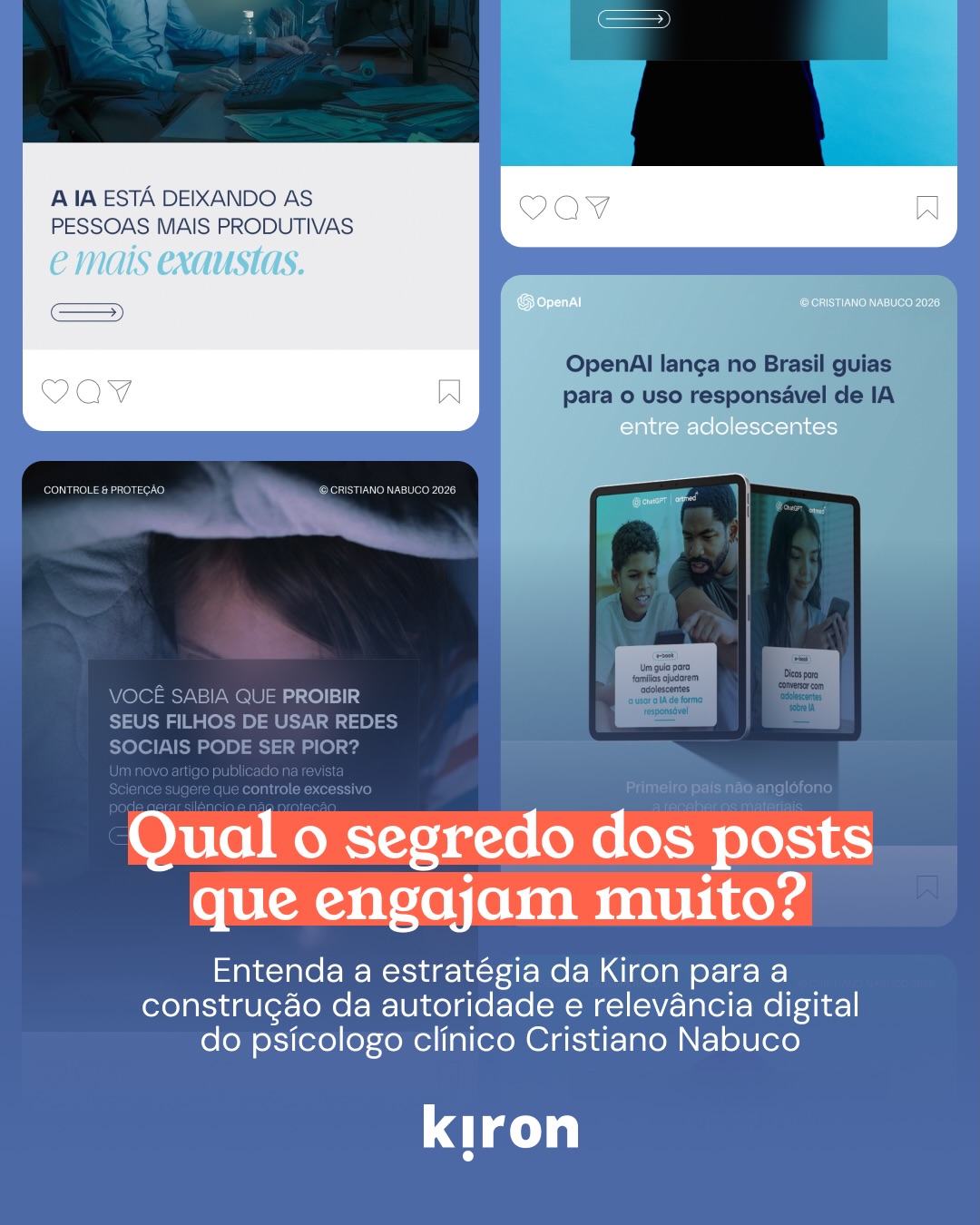 Para construiur uma presença digital com autoridade, é necessário estratégia, curadoria e acompanhamento diário.
No gerenciamento do perfil do psícologo clínico Dr. Cristiano Nabuco @cristianonabuco, o desafio da Kiron foi traduzir o rigor científico em conteúdos que conectem e gerem impacto real.
O segredo do engajamento está na combinação de uma curadoria estratégica para identificar os temas mais relevantes buscados pelo público-alvo, assim como um direcionamento de como desenvolver cada conteúdo de forma que traga credibilidade do nosso cliente no assunto.
O resultado é uma comunidade engajada e uma marca pessoal que é referência absoluta em seu segmento.
Se você busca elevar o nível da sua comunicação e transformar sua autoridade em resultados consistentes, o próximo case de sucesso da Kiron pode ser o seu.