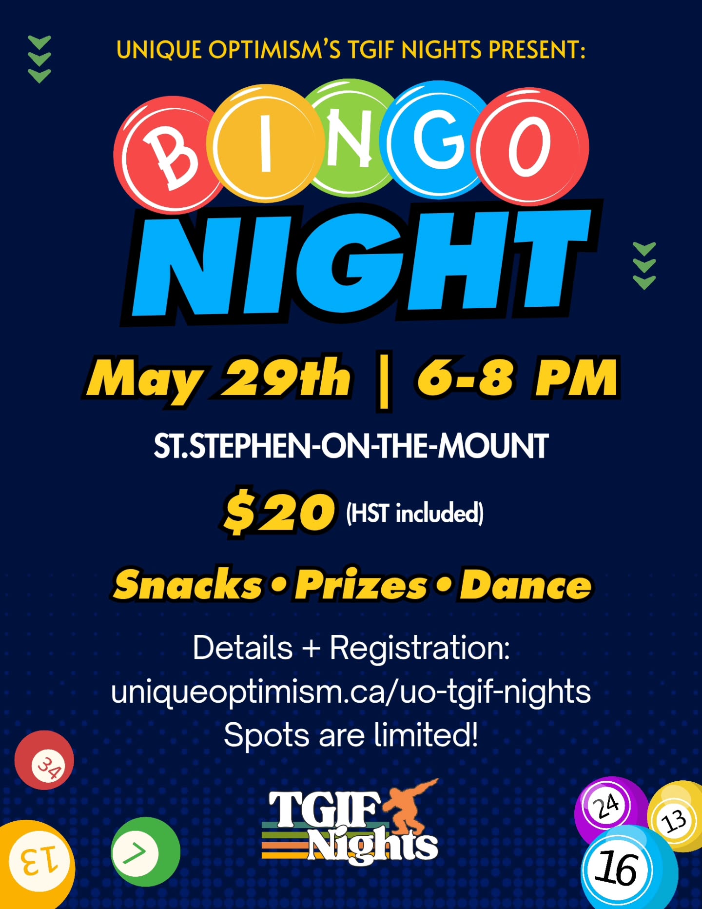 New TGIF Night live!
Bingo x Dance Night is coming.
We’re switching things up with a night of bingo, snacks, prizes, and a dance floor for anyone who wants to move.
Expect multiple rounds of bingo, some really solid prizes, and not one but two door prizes. We’ll also be mixing in dance breaks between games to keep things moving and the energy up.
We’re keeping this one smaller, with space for 25 Trailblazers to keep the night comfortable and fun for everyone.
May 29
6–8 PM
St. Stephen-on-the-Mount
$20 per person (HST included)
Full details and registration available through the link on our profile! ( uniqueoptimism.ca/uo-tgif-nights )
