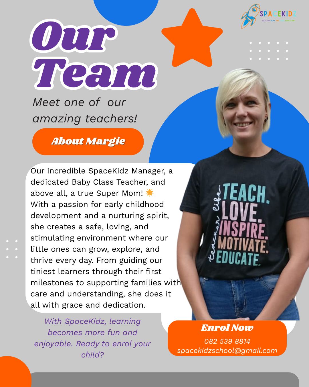 Meet one of the wonderful hearts behind SpaceKidz. Our teachers don't just teach - they nurture, inspire, and celebrate every little milestone. We are so proud of our team! #TeamSpaceKidz
#SpaceKidz #PreschoolTeachers #BoksburgSchool #ChildcareLife