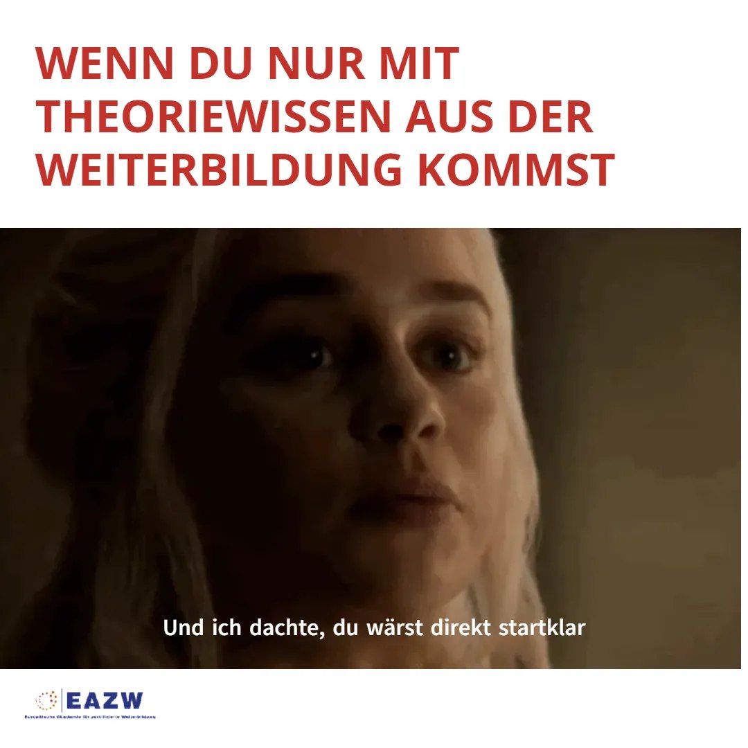 Praxisorientiertes Lernen: Dein direkter Weg zum Erfolg ✨
Warum nur zuhören, wenn Du direkt etwas bauen kannst? Bei der EAZW lernst Du nicht in trockenen Fächern, sondern entlang echter Arbeitsprozesse. Das heißt: Schritt für Schritt entsteht aus Wissen ein Produkt, das im Berufsalltag sofort nutzbar ist.
So läuft das bei uns ab:
1. Du nimmst mit uns einen realen Prozess in den Blick
2. Du arbeitest an konkreten Aufgaben statt an grauer Theorie
3. Du erstellst direkt einsetzbare Ergebnisse wie Checklisten, Vorlagen oder Prozessbeschreibungen
4. Du wendest das Gelernte im Job an, ohne erst noch den sprichwörtlichen Werkzeugkasten einrichten und sortieren zu müssen
Dazu kommt persönliche Begleitung durch erfahrene Dozent*innen. Fachlich fundiert, klar strukturiert und direkt bezogen auf deine Praxis. So wird Weiterbildung nicht zur Parallelwelt, sondern zum echten Mehrwert für deinen Alltag.
Wenn du wissen möchtest, ob sich deine geplante Weiterbildung wirklich lohnt, dann nutze gerne unseren kostenlosen ROI-Rechner für Weiterbildungen auf unserer Webseite.
EAZW - Wissen, das wirkt 🚀