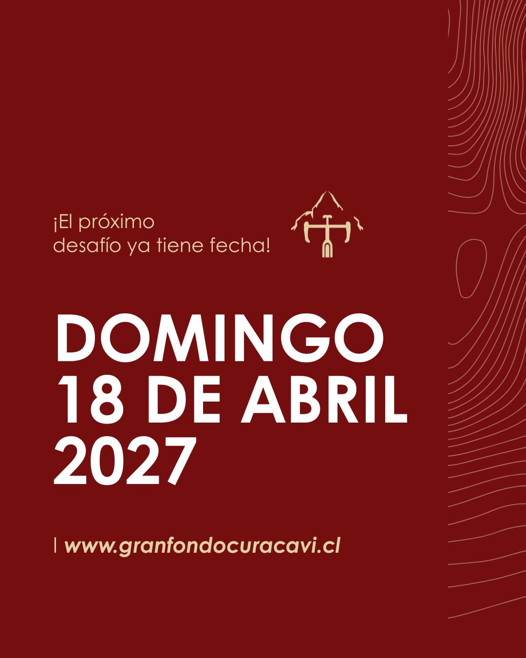 Ya es oficial… ¡tenemos fecha! 🚴♂️✨
La 6ª versión del Gran Fondo Curacaví se vivirá el 18 de abril de 2027 🗓️
Una jornada que promete volver a reunirnos en torno a lo que más nos mueve: el desafío, la ruta y esa energía única que solo se siente acá.
Muy pronto abriremos la venta de tickets 🎟️
Así que atento(a), porque esto vuela.
No te lo puedes perder 💥
Produce: @epicrideschile
#GranFondoCuracaví #GFC2027 #CiclismoDeRuta