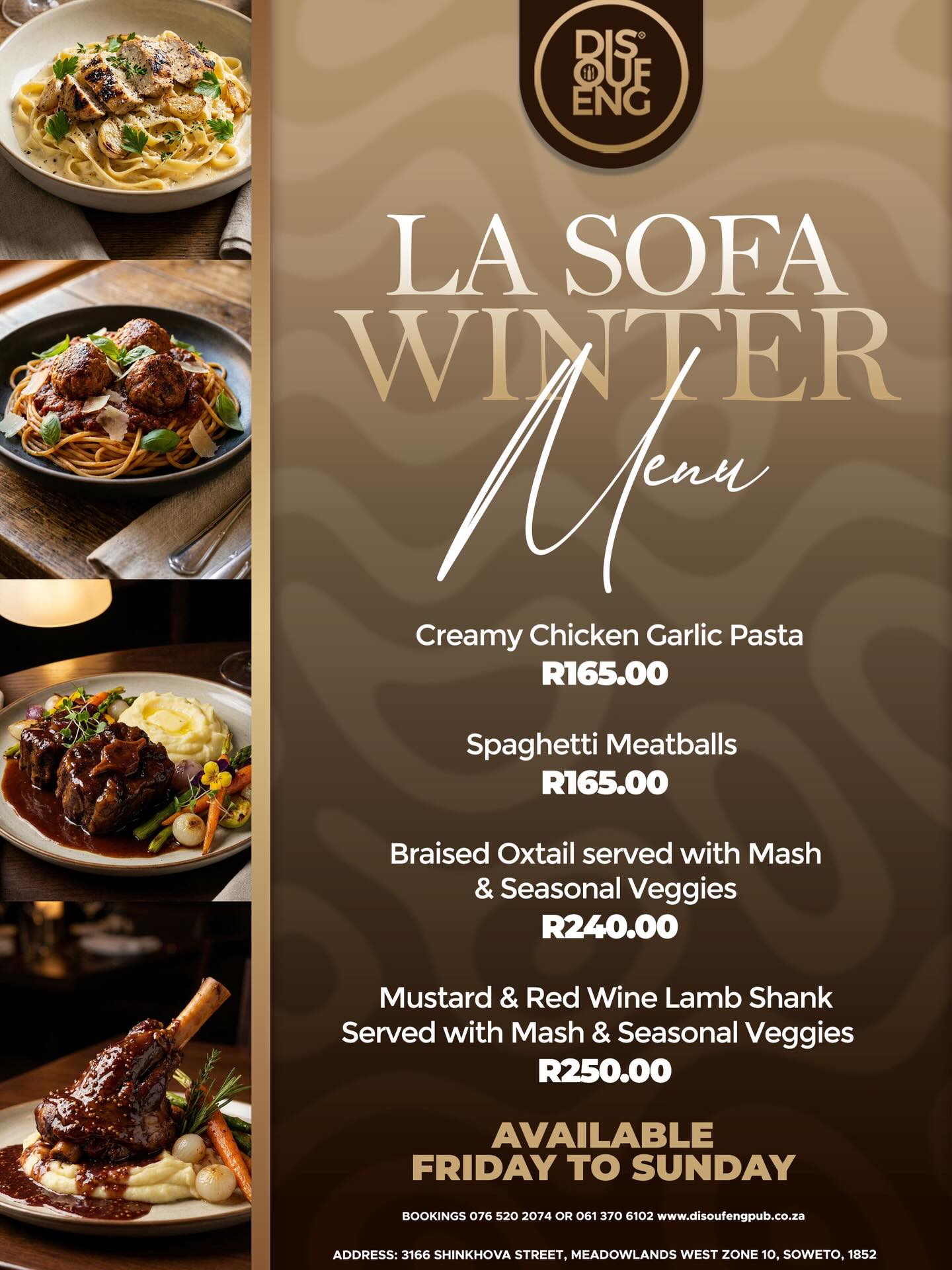 Winter comfort just got elevated 🍷✨
From creamy pastas to slow-cooked oxtail & lamb shank — this is the kind of menu you don’t miss.
Available Friday to Sunday. Pull through hungry.
Bookings: 076 520 2074 / 061 370 6102