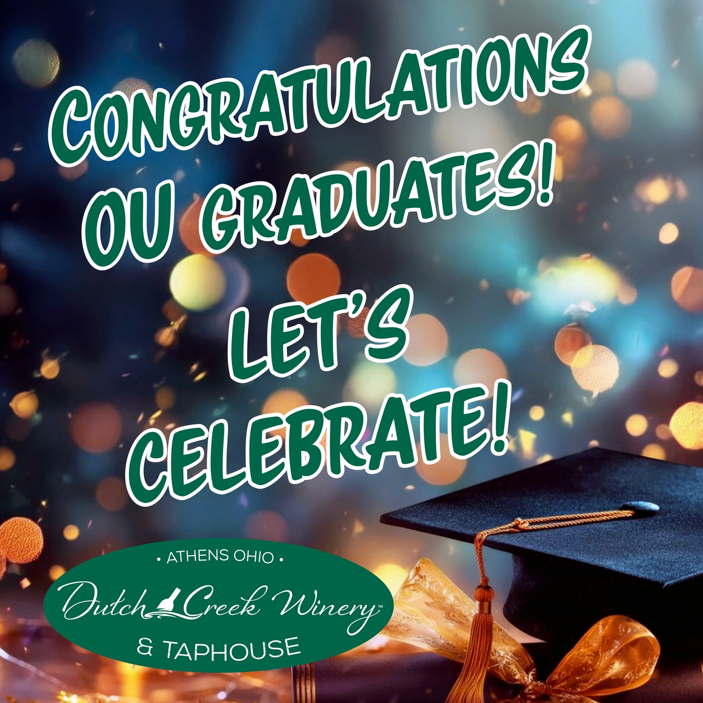 Bring the whole family and friends out to Dutch Creek Winery to celebrate the achievements you've made! Wine, hard cider, locally made beer, and some of the best pizza around.
Located in the beautiful Athens countryside at 12157 SR 690, Athens, OH 45701
Thursday & Friday 5-9pm
Saturday noon-8pm
Sunday noon-6pm
#OHIOgrad2026 #ForeverOHIO #OUOhYeah #BobcatNation #OHIOFamily