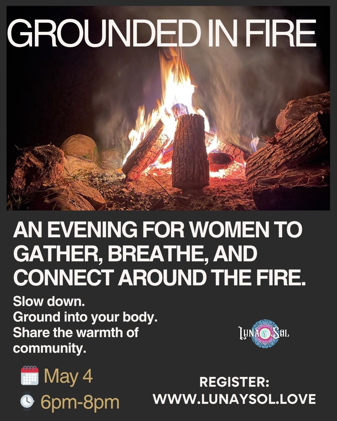 There’s something about sitting around a fire…
no roles, no expectations, no pressure to be anything other than what you are in that moment.
Just breath.
Just presence.
Just being.
Tonight, we gather.
🔥 Grounded in Fire
A women’s gathering to release, reconnect, and come back to yourself.
If you’ve been feeling the need to pause…
to be held in a space that doesn’t ask you to perform…
this is your invitation.
6–8pm | Markdale, ON
You’re welcome here 🤍
DM to register or go to www.lunaysol.love