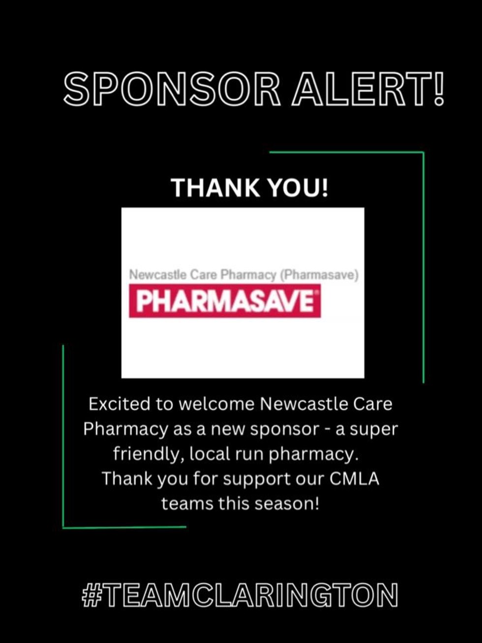 We’re proud to welcome Newcastle Care Pharmacy (Pharmasave) as a new sponsor of CMLA!
A huge thank you for supporting our athletes, our teams, and our growing lacrosse community. Your commitment to local sport helps create opportunities for our players to develop, compete, and love the game.
Be sure to support the businesses that support our kids!
#TeamClarington #SupportLocal #GaelsNation #GrowTheGame