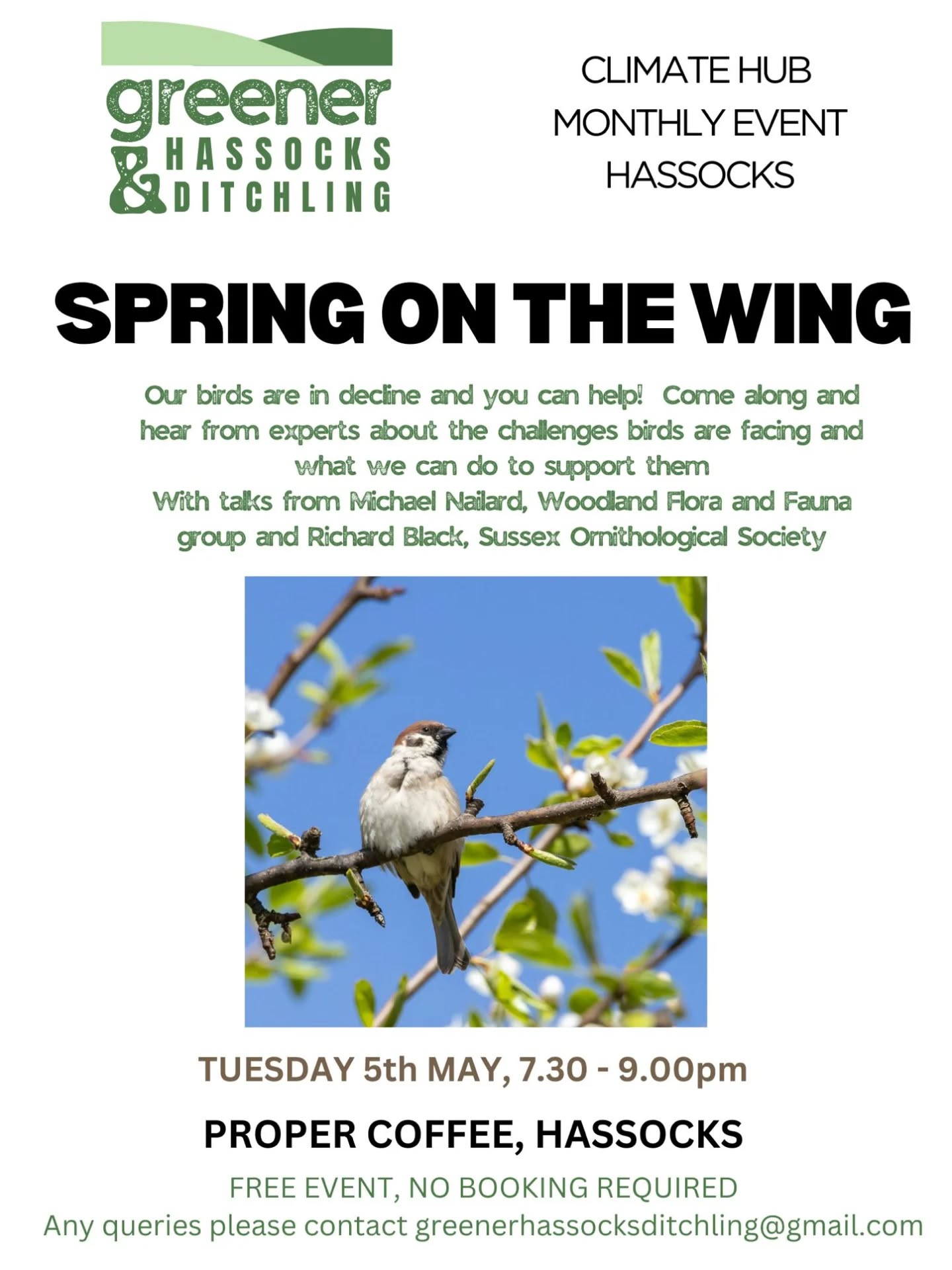 May Climate Hub • Our bird populations are in decline and you can help! 🐦
Come along and hear from experts about how we can support our local bird populations. With Michael Nailard from Woodland Flora and Fauna group discussing barn owls and Richard Black from Sussex Ornithological Society talking about the challenges facing birds today. Plus an update on the Hassocks swift project and how you can get involved this summer.
Free event, all welcome. Tuesday 5th May, 7.30-9.30pm, Proper Coffee, Hassocks @propercycling