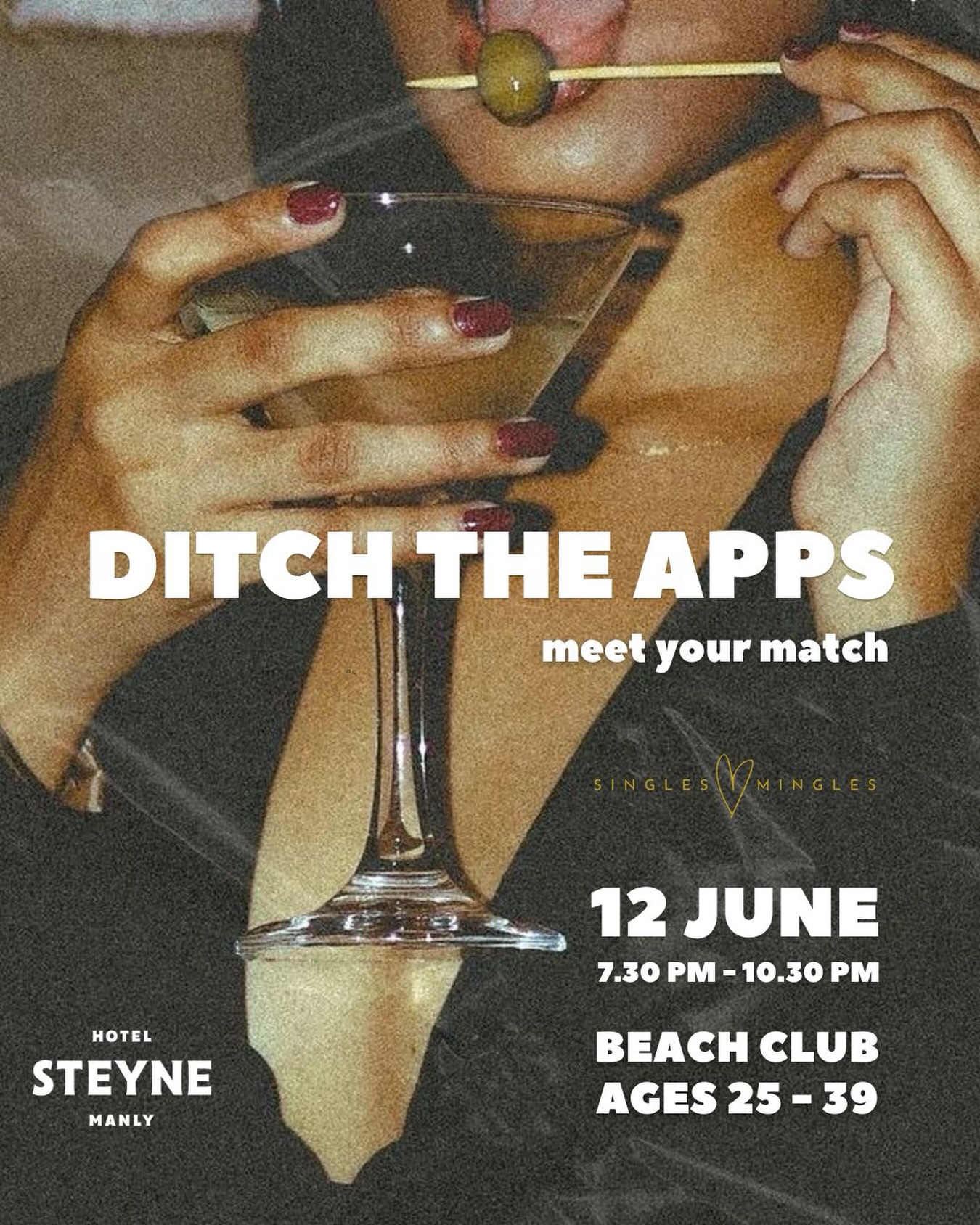 Still on the apps?
25–39 singles, we’re coming to @hotelsteyne in Manly (upstairs in the Beach Club)
Circle the date - 12.6.26
Private space.
Singles only.
Your matches on arrival.
Tickets just dropped.
#single #singlesnight #singlesevent #singlesmingles #meetyourmatch