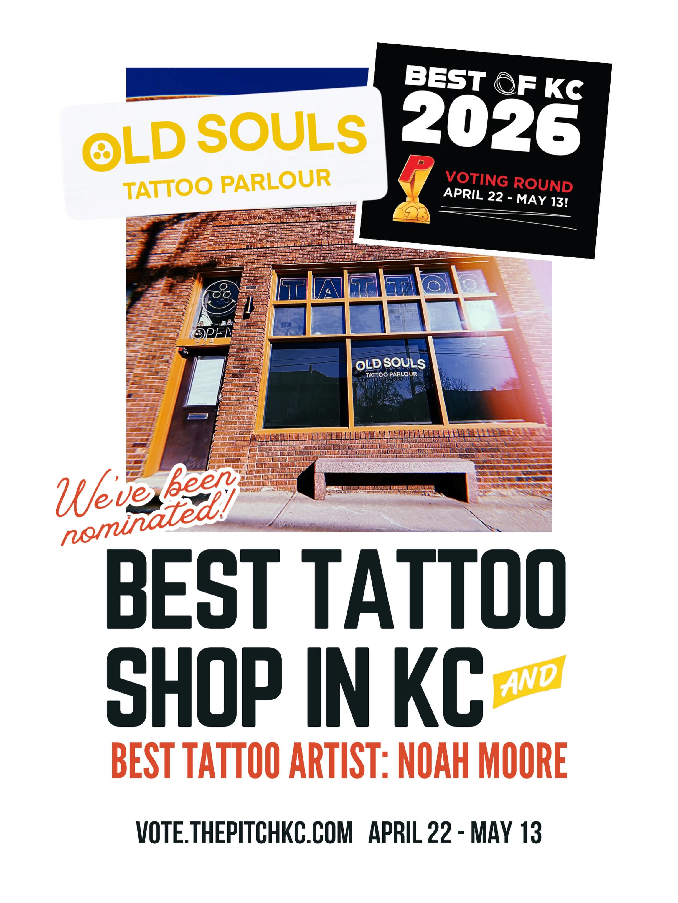 We’ve been nominated for Best Tattoo Shop, and @oldsouls is up for Best Tattoo Artist! If you’ve got a minute, go vote for us on vote.thepitchkc.com. (@thepitchkc) We appreciate every single one of you, thank you for your support! 🖤