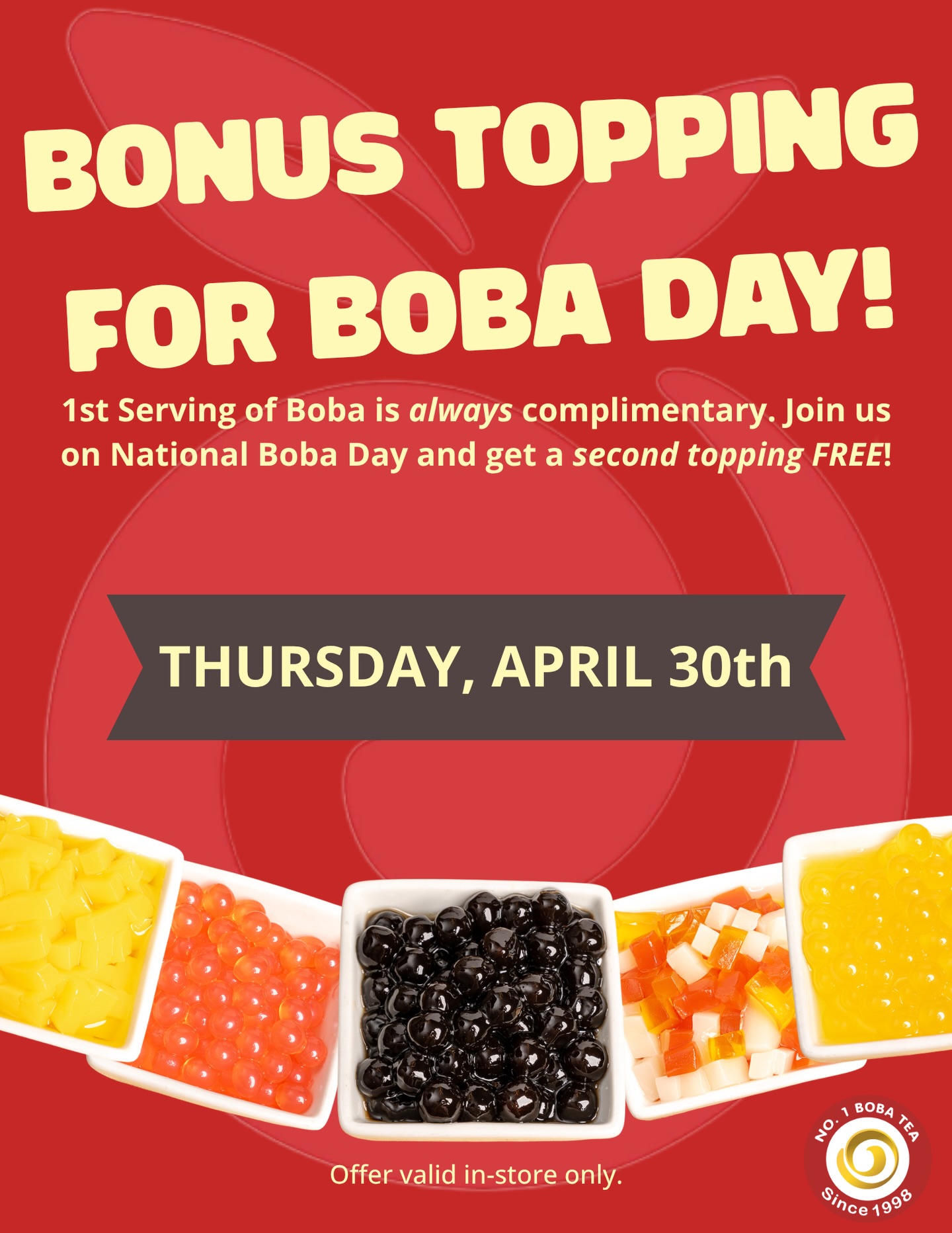 NATIONAL BOBA DAY IS TOMORROW! 🧋
You know the drill, 1st serving of boba is always complimentary, and TOMORROW ONLY—Celebrate with FREE BONUS TOPPING all day long!
Strawberry Popping Pearls…Lychee Jelly… what will you be having? Let us know below! 👇
#boba #bobaday #nationalbobaday #vegasboba #atx