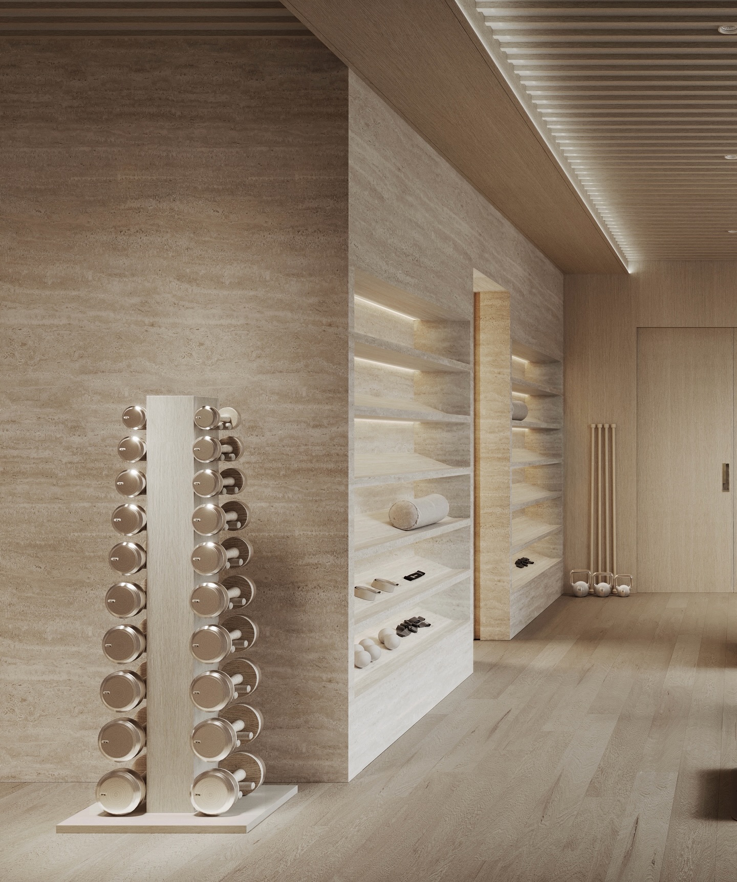 A grounding home gym, the Bolt Living way. ⚡️ Wrapped in travertine and softened by filtered light, with a ceiling designed to draw the eye upward and immerse you from every angle, this space is designed to reconnect you to your body before the first movement. #Boltliving #interiordesign #homedesign
#luxuryhome #homegym