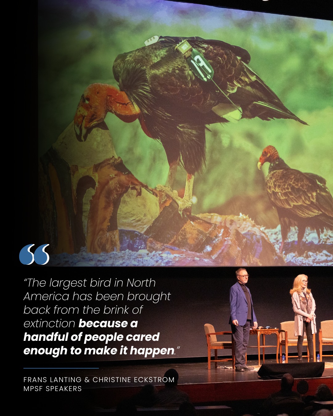 In the 1980s, there were no condors left in the wild.
Today, they’re flying again.
Not because of luck, but because a small group of people refused to let them disappear.
During their MPSF speech, Frans Lanting and Christine Eckstrom reminded us that conservation doesn’t always start with mass movements.
Sometimes, it starts with a handful of people who care enough to act.
Join the conversation. Subscribe to the rest of the 2025-2026 season at our Oakland venue (sold as a series only): speakerseries.net