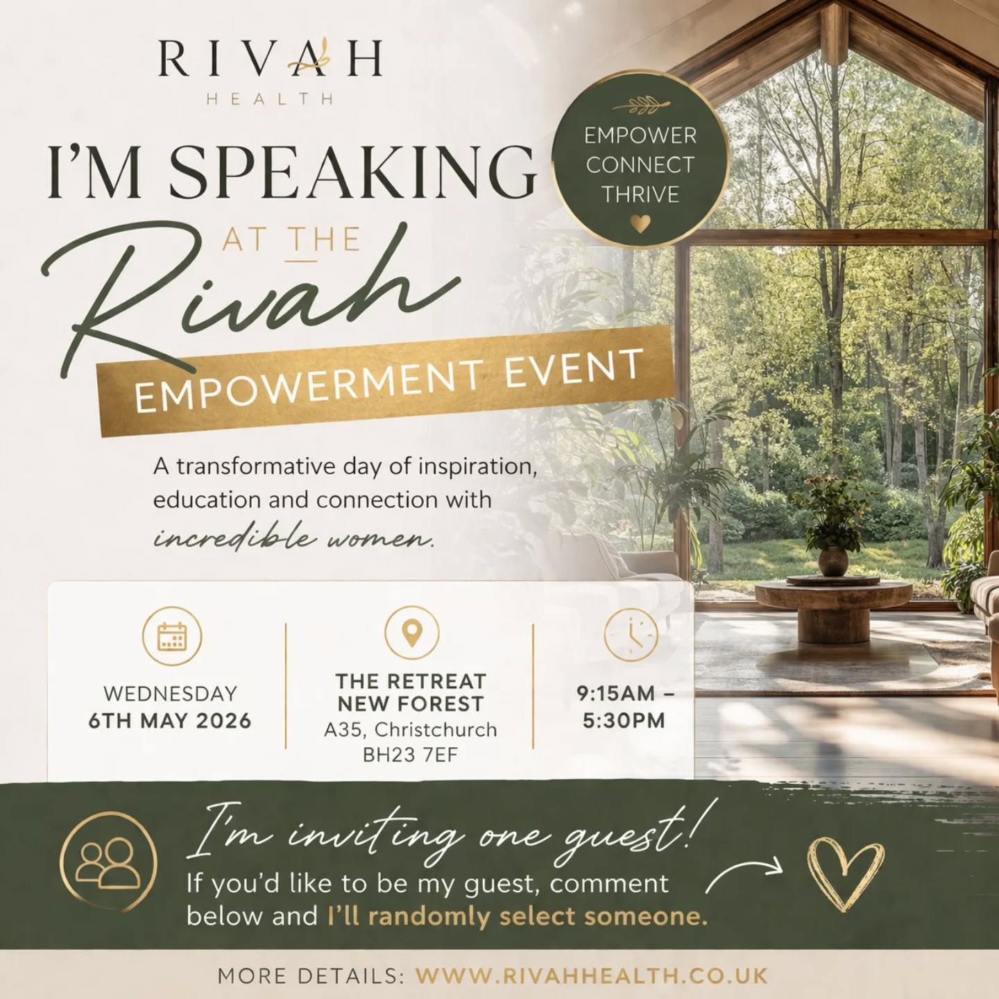 I’m excited to share that I’ll be a guest speaker at the Rivah Empowerment Event on Wednesday 6th May 2026.
Location: The Retreat New Forest, A35, Christchurch BH23 7EF
Time: 9:15am – 5:30pm
More details: https://rivahhealth.co.uk/
I’m inviting one guest to join me for the day. If you’d like to be my guest, comment below and I’ll randomly generate someone to attend for free ❤️
Looking forward to seeing you there.