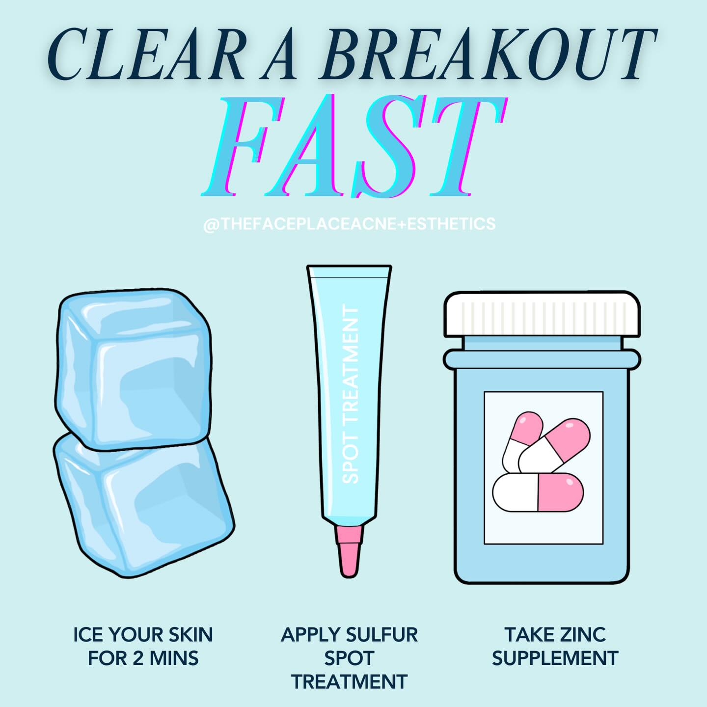 Everyone wants to know…. “what do I do when I get a big breakout!?!”
🧊Ice your whole face, not just the breakout for 60 seconds
🩵Apply Sulfur Spot Treatment - available to purchase at the spa
🦋Zinc is a powerful anti inflammatory and boosts the immune system - take with food and check with your doctor if you’re unsure! Based on acne certificates I recommend OPTIZINC because it has the most beneficial dosage of zinc and copper. This one is linked to my Amazon storefront which you can find by going to Thefaceplacemi.com under the “shop” tab