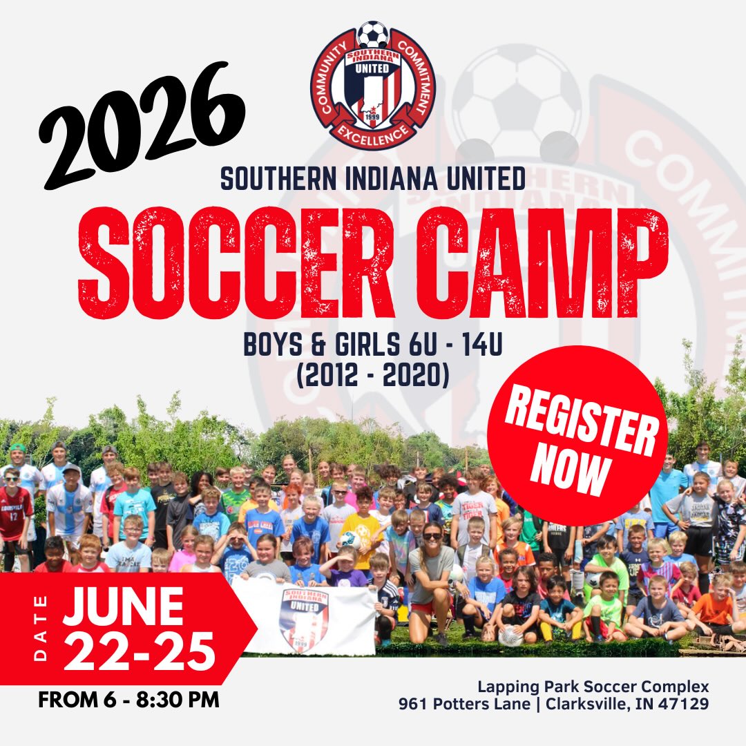 SIU SUMMER CAMP 2026
June 22–25 | 6:00 – 8:30 PM
Get ready for an action-packed week of soccer with Southern Indiana United!
Designed for players U6–U14, this camp is all about building skills, boosting confidence, and having FUN in a high-energy environment led by SIU travel coaches + special guest trainers all week long.
What players will work on:
Ball mastery & control
Passing & receiving
Finishing & attacking
Small-sided games & decision-making
Confidence, creativity & game awareness
Location: Lapping Park
Cost: $90
Early Bird Deal: Save $10 if you register by June 15!
Click the link in our bio to Register Today!
Spots will fill — don’t wait! We can’t wait to see your player out on the field this summer!