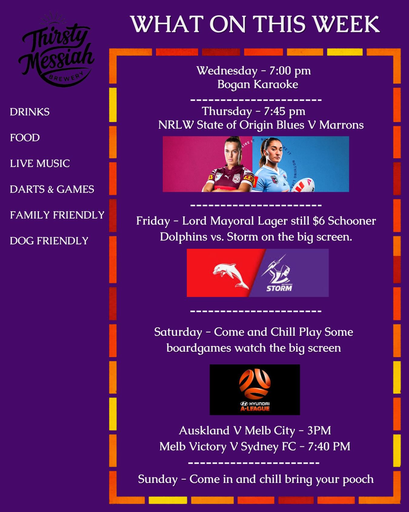 Lots on this week to end April and start May! Come in for drinks & food tonight to cheer on the Women’s State of Origin Game 1! 🏉💙🍻