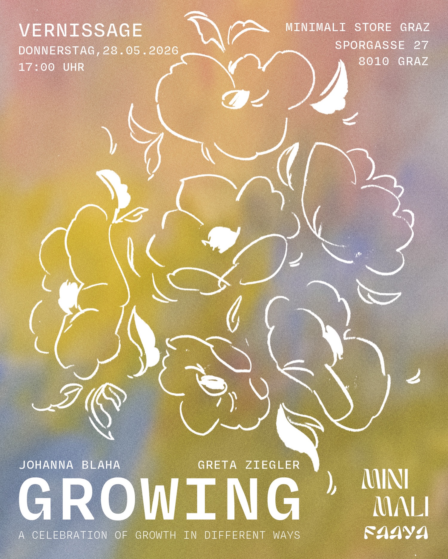 Wir freuen uns sehr, euch zur Vernissage unserer Ausstellung GROWING einzuladen ✨
Gemeinsam präsentieren wir unsere neuesten Werke im Rahmen der Ausstellung. Es wird originale Arbeiten und auch Fine Art Prints geben.
📍 Minimali Concept Store Sporgasse 27, Graz
🕔 17:00 Doors open
🕠 17:30 Begrüßung und kurze Vorstellung
🍸 Welcome Drinks
🛍️ Goodie Bags für die ersten 30 BesucherInnen
Wir können es kaum erwarten, den Abend mit euch zu verbringen, mit viel Kunst, guten Gesprächen, drinks & einer entspannten Atmosphäre.
Greta, Johanna & Marlene